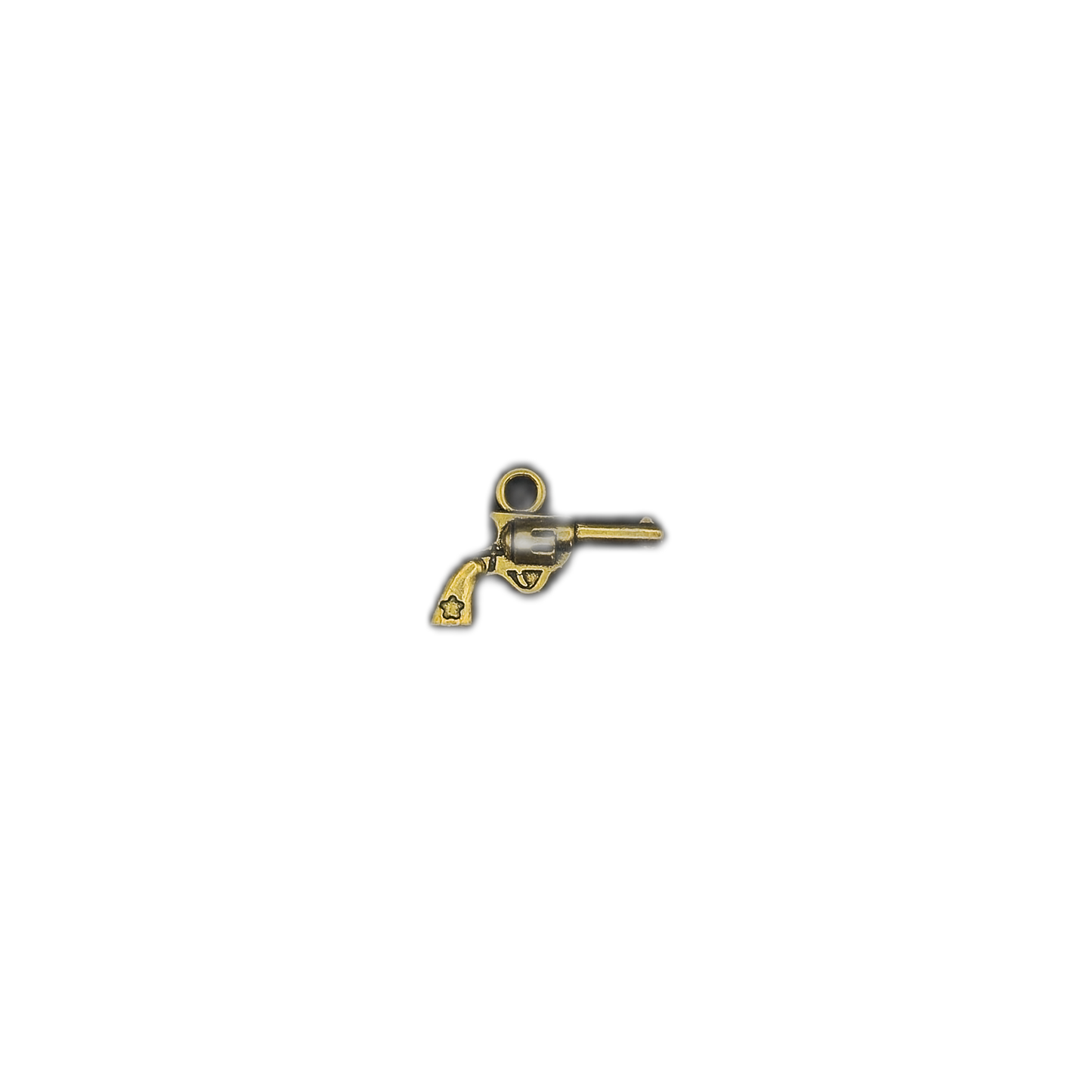 small gold revolver charm on a black background