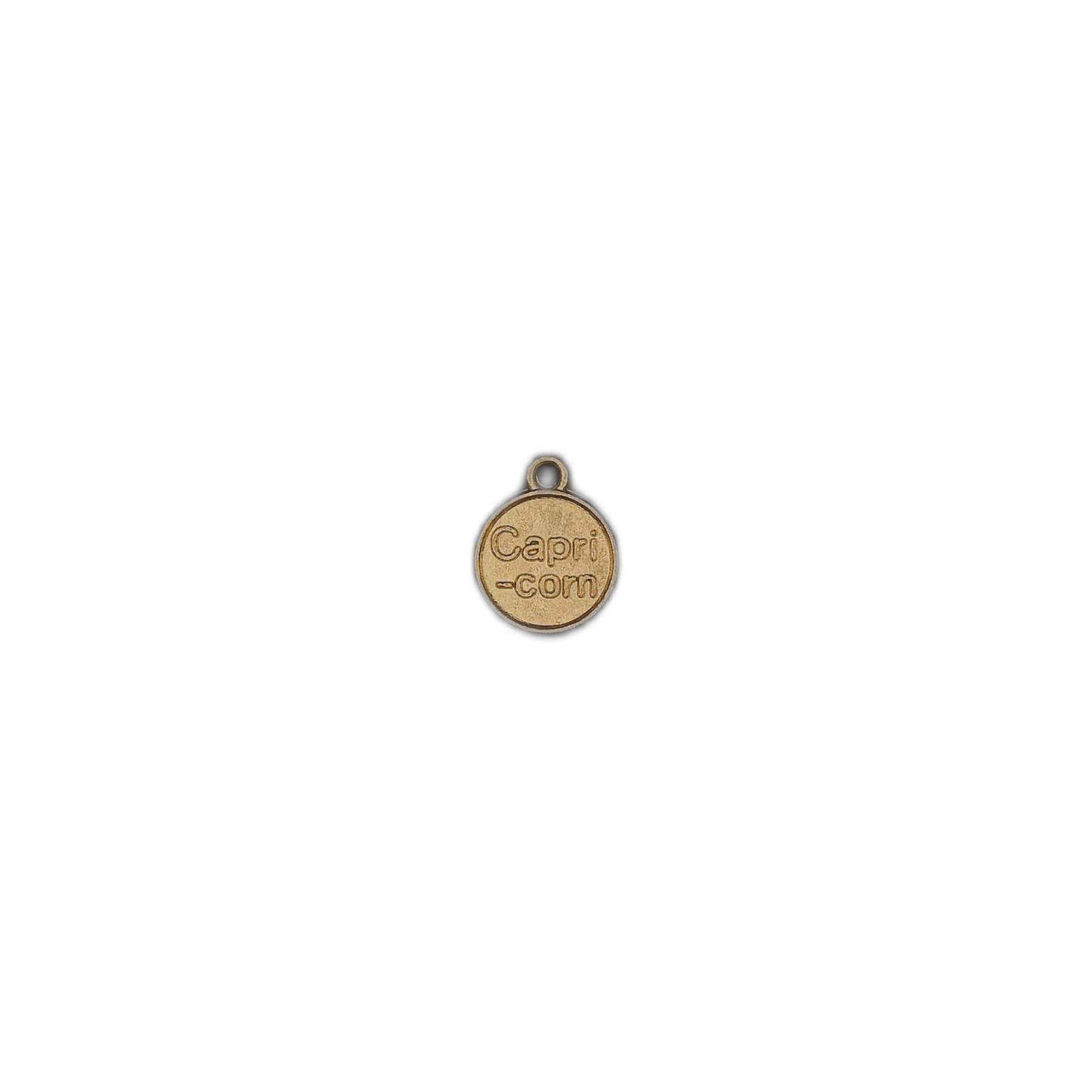 small gold round 'Capri-corn' charm centered on a black background