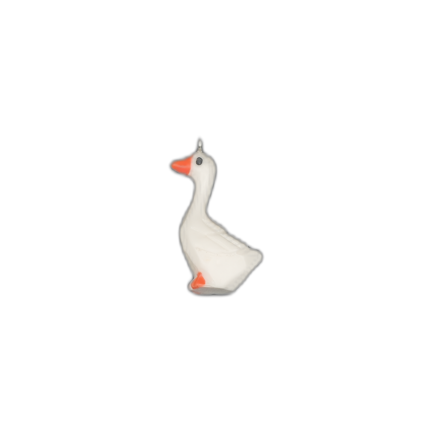 full view of a white goose-shaped charm facing left on a black background