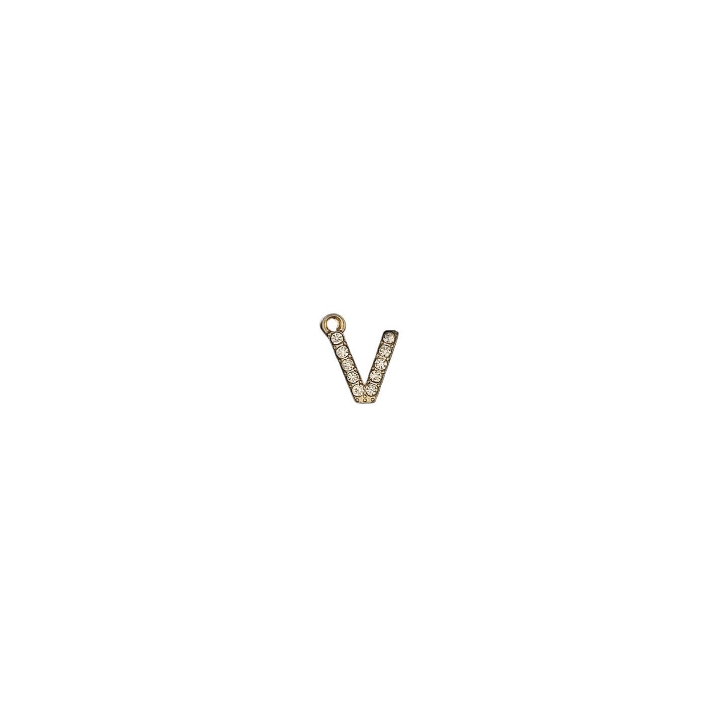small gold-tone crystal letter V charm centered on black background