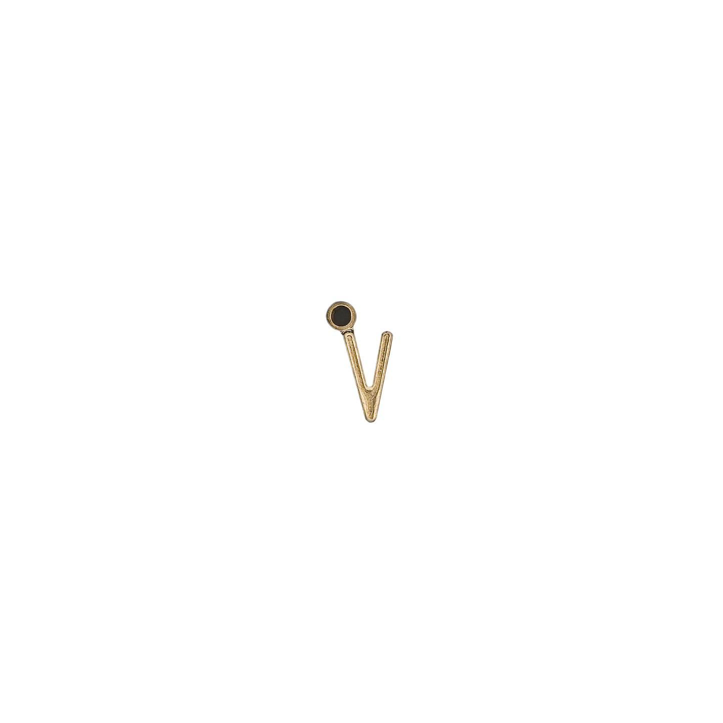 small gold-tone lowercase v charm on black background