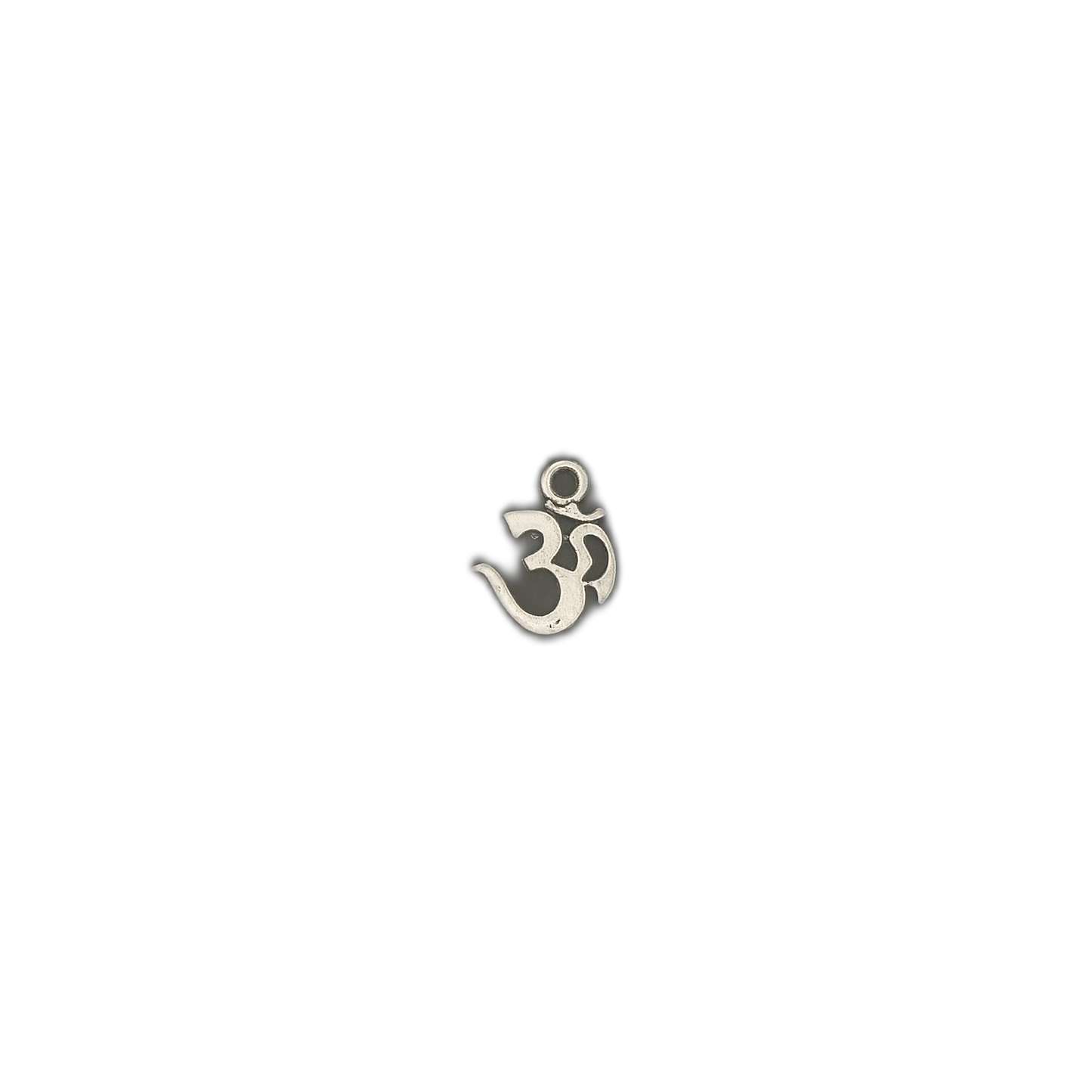 silver Om symbol charm centered on a black background
