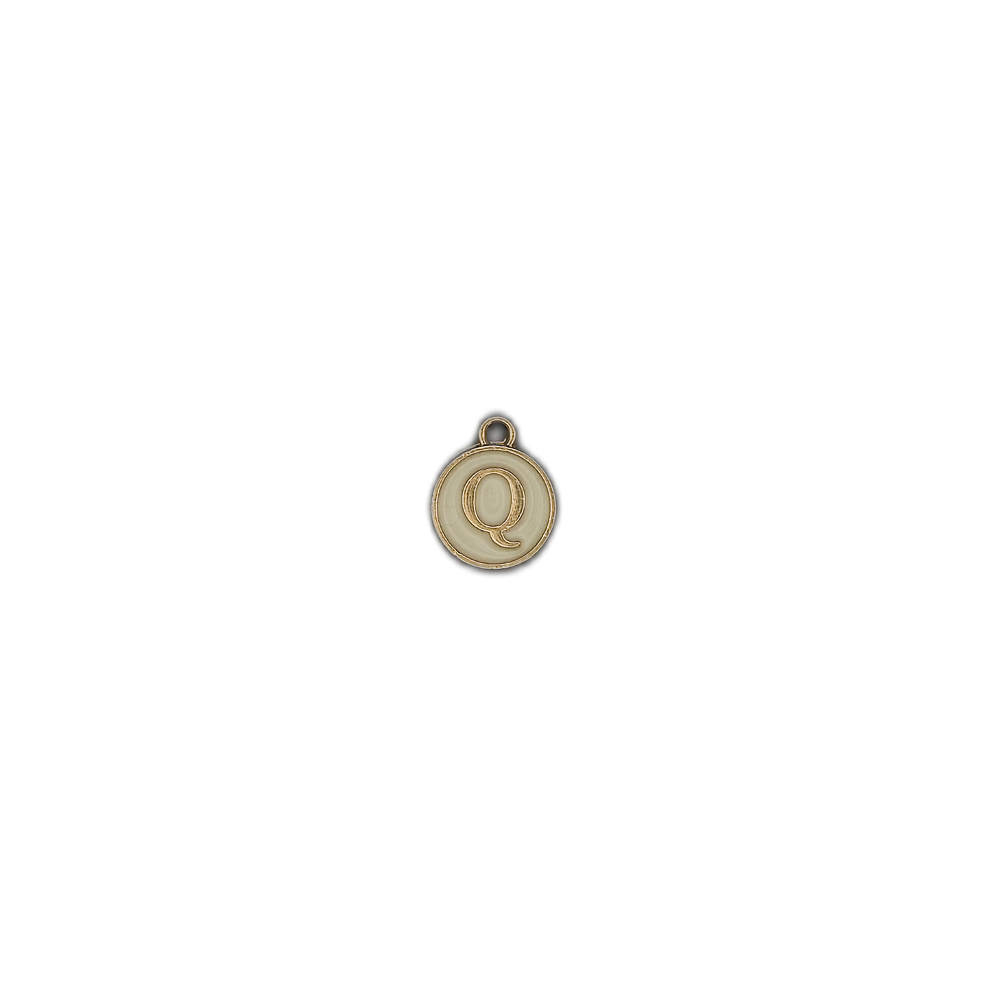 small round gold and cream letter Q charm on black background