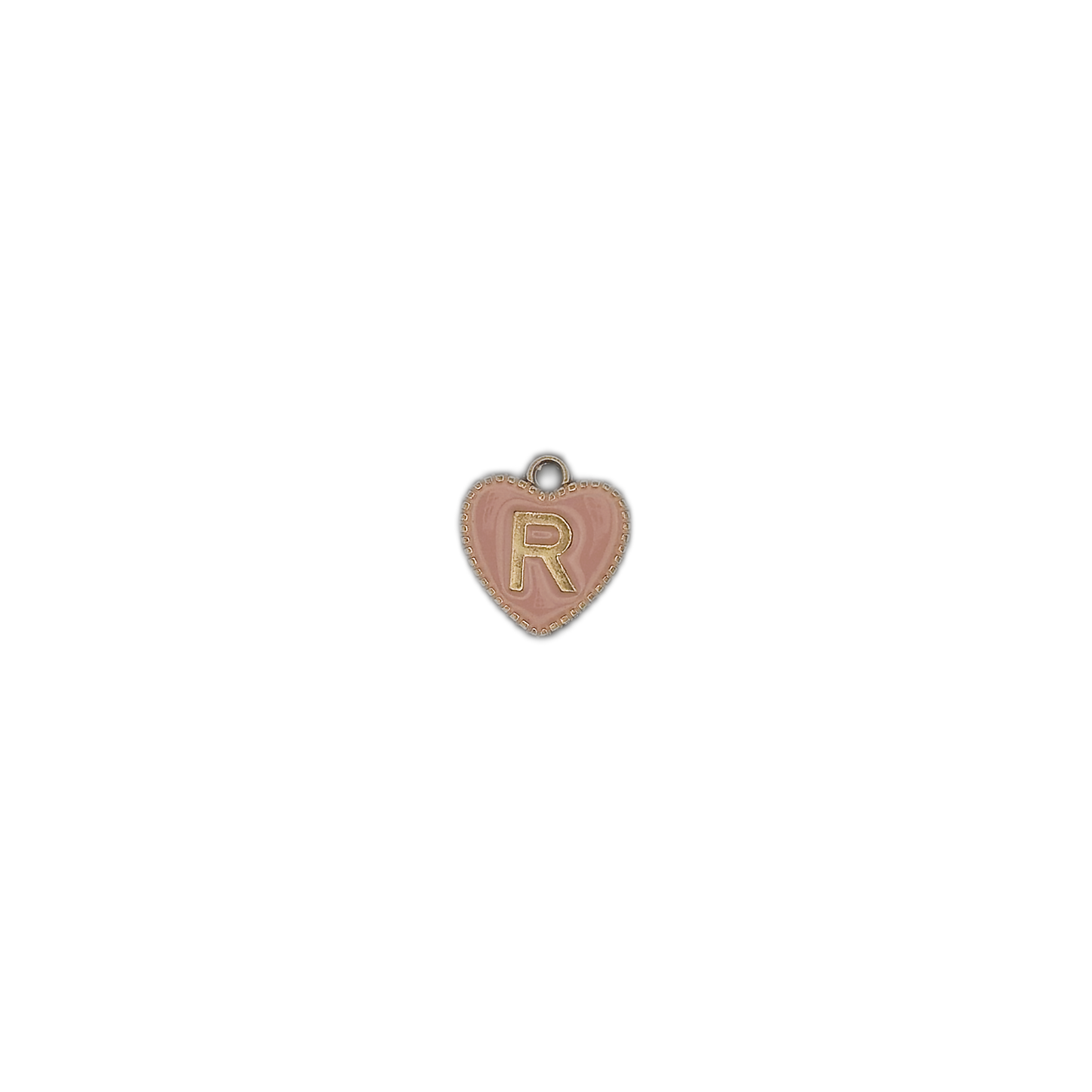 small pink heart charm with gold letter R on black background