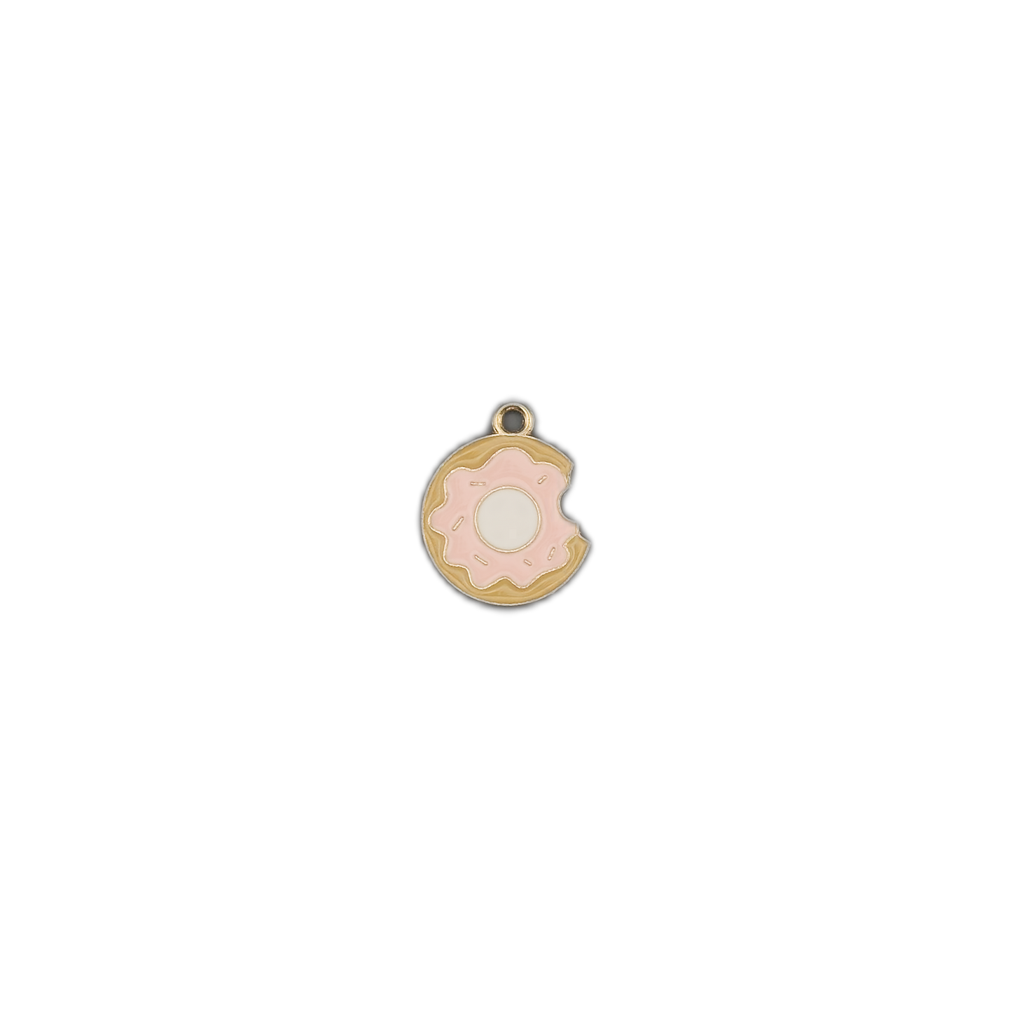 small pink-iced donut charm with a bite missing on a black background