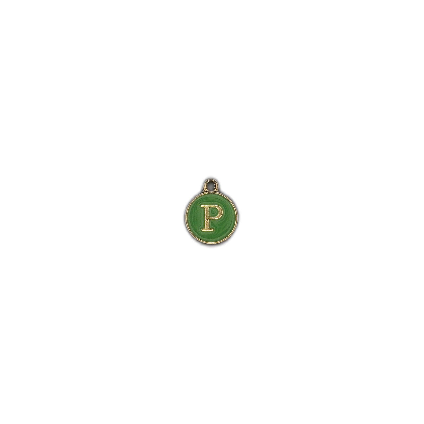 small round green charm with a gold letter P centered on a black background