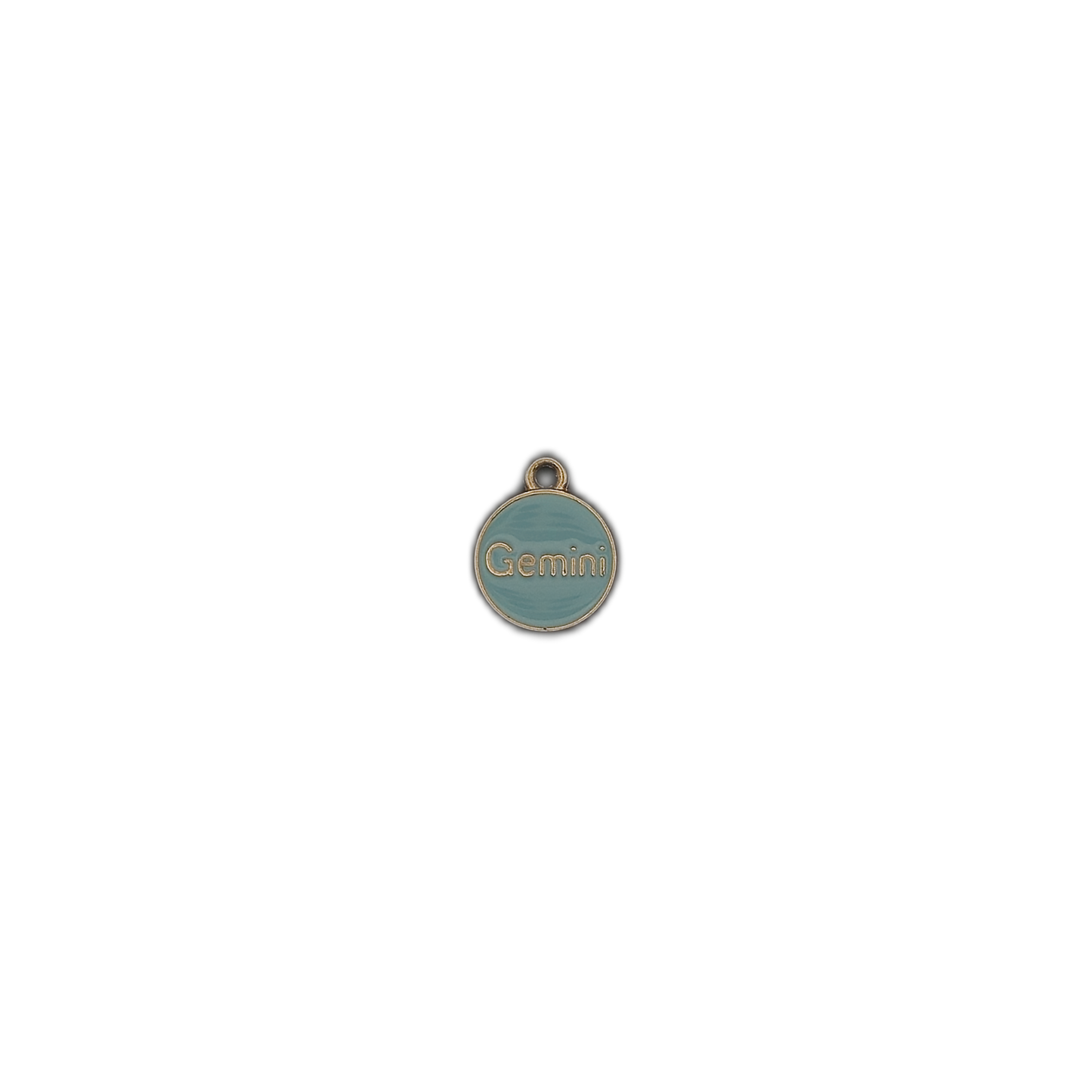 small round light blue Gemini charm centered on black background