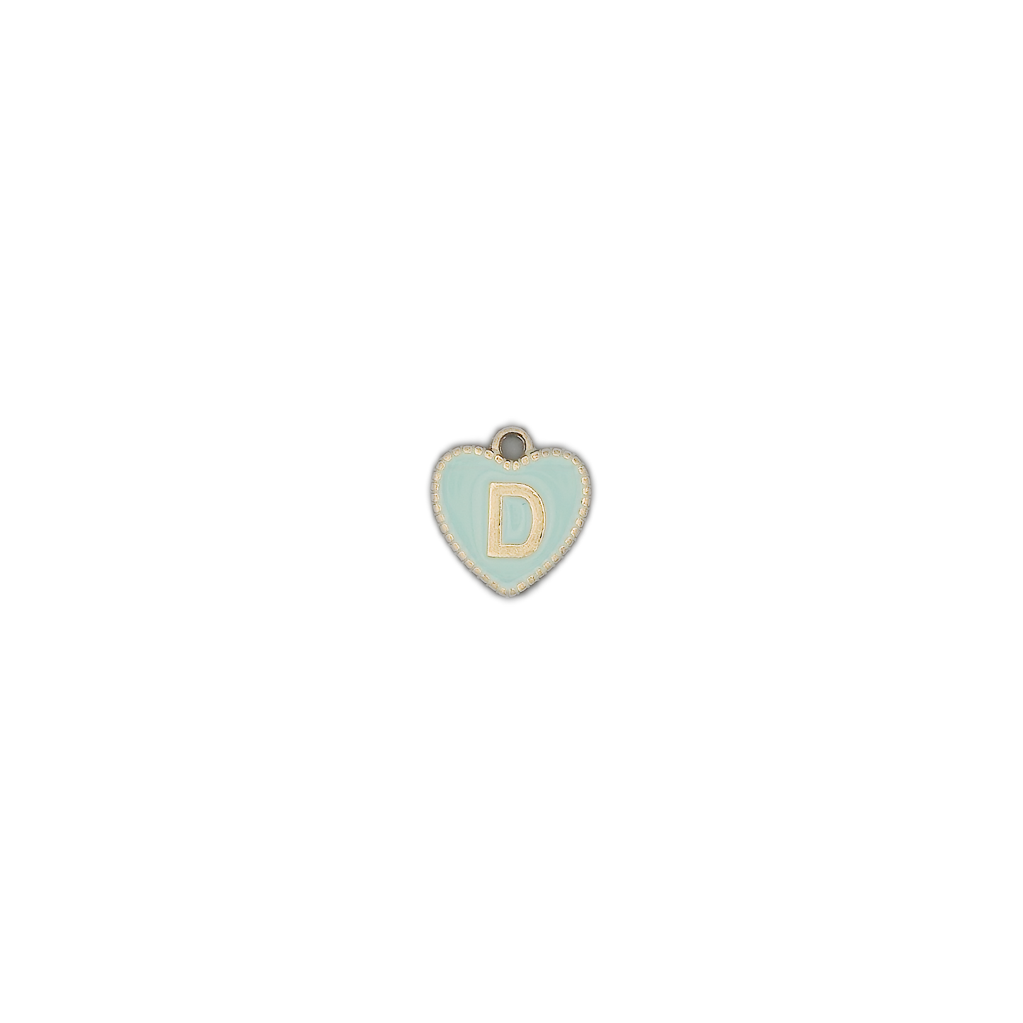 Small light blue heart initial D charm on a black background.