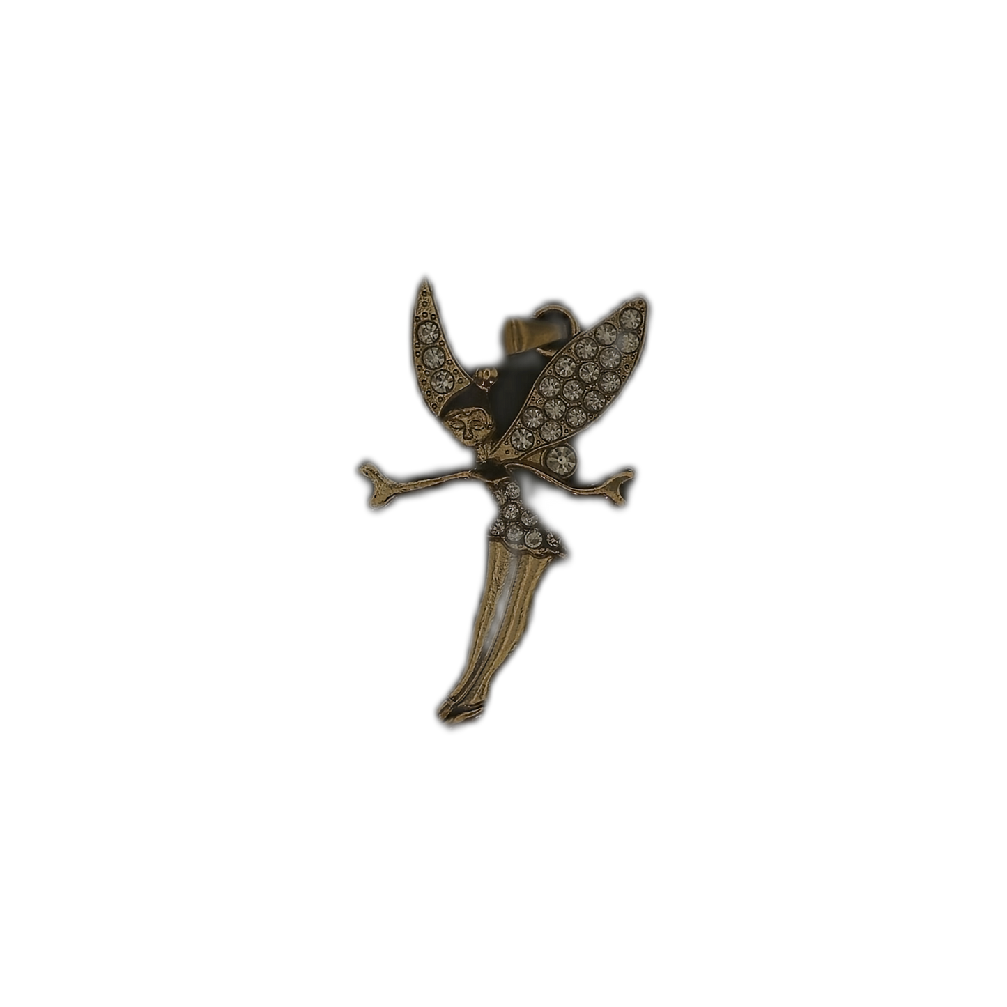full view of gold-tone fairy pendant charm with rhinestone wings and skirt on black background