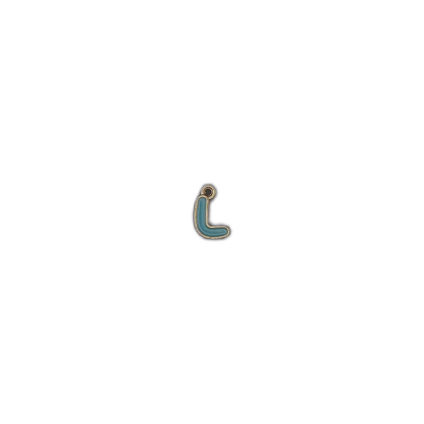 small teal lowercase letter L charm centered on black background