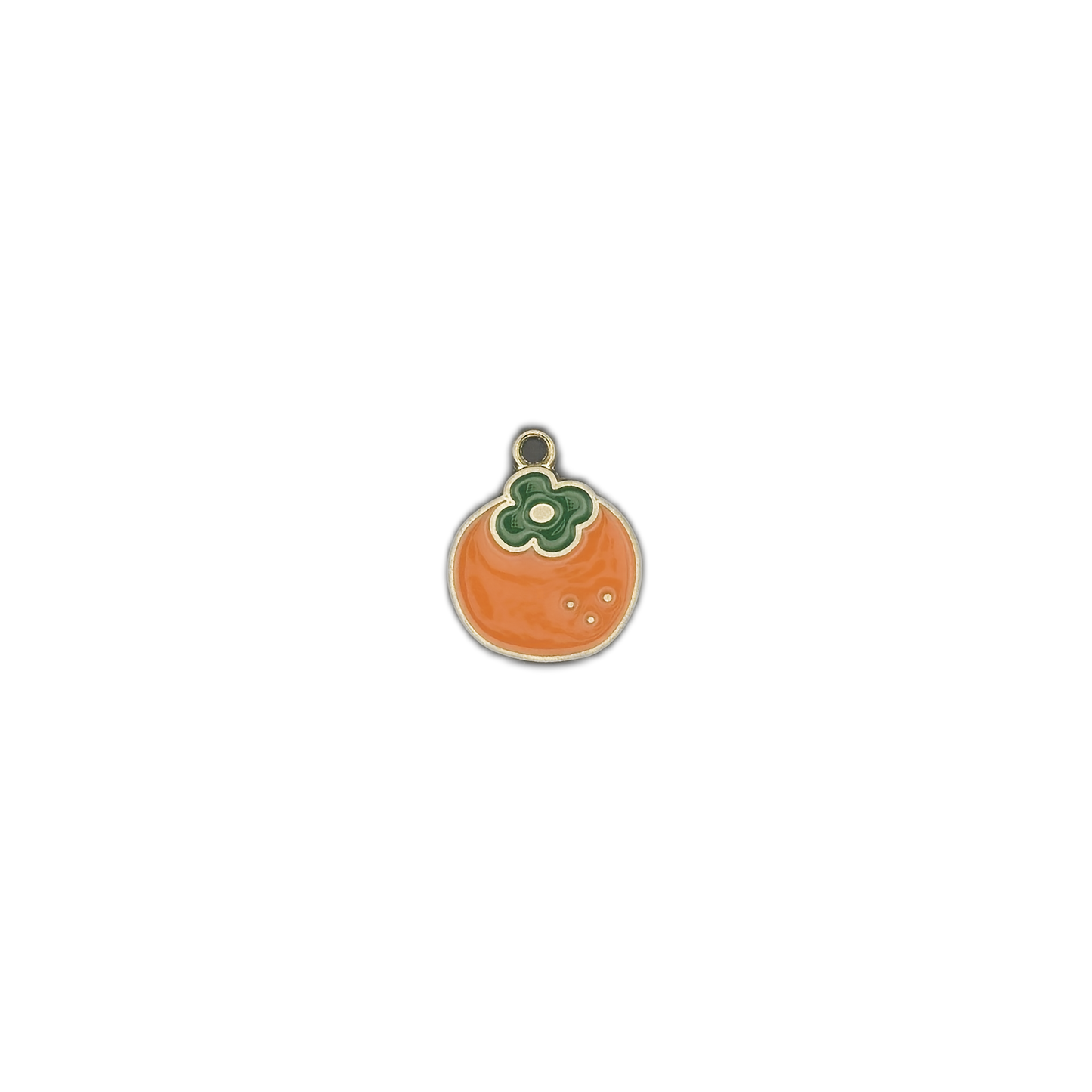 small persimmon enamel charm centered on black background