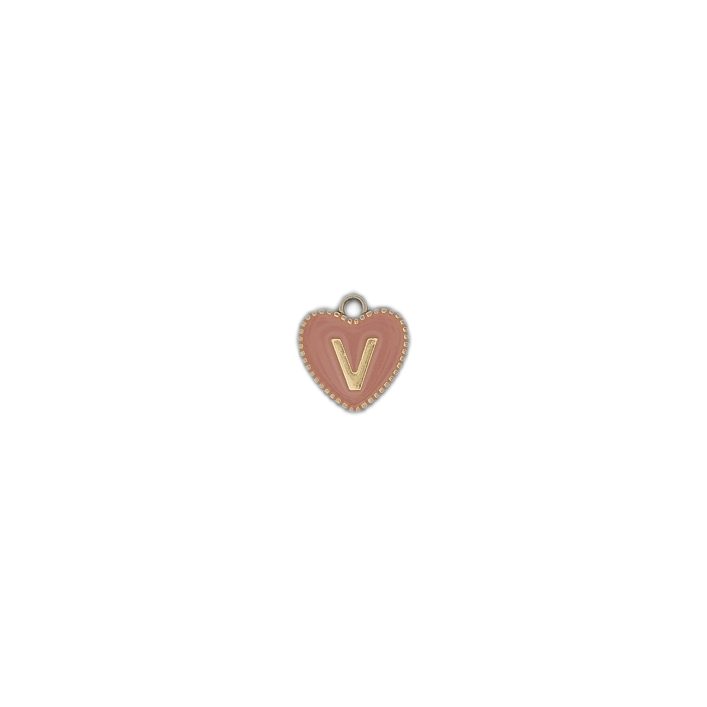 small pink heart charm with gold V on black background