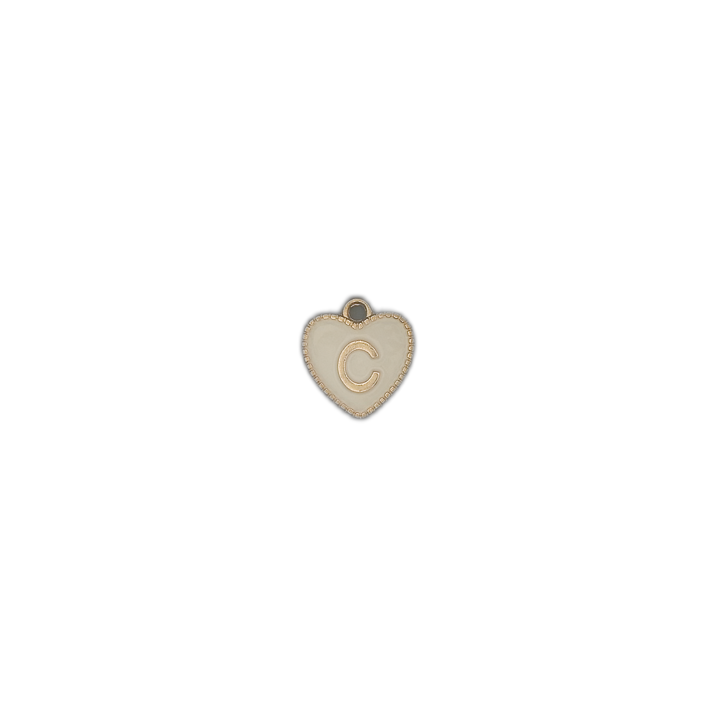 Small heart-shaped letter C charm on a black background.
