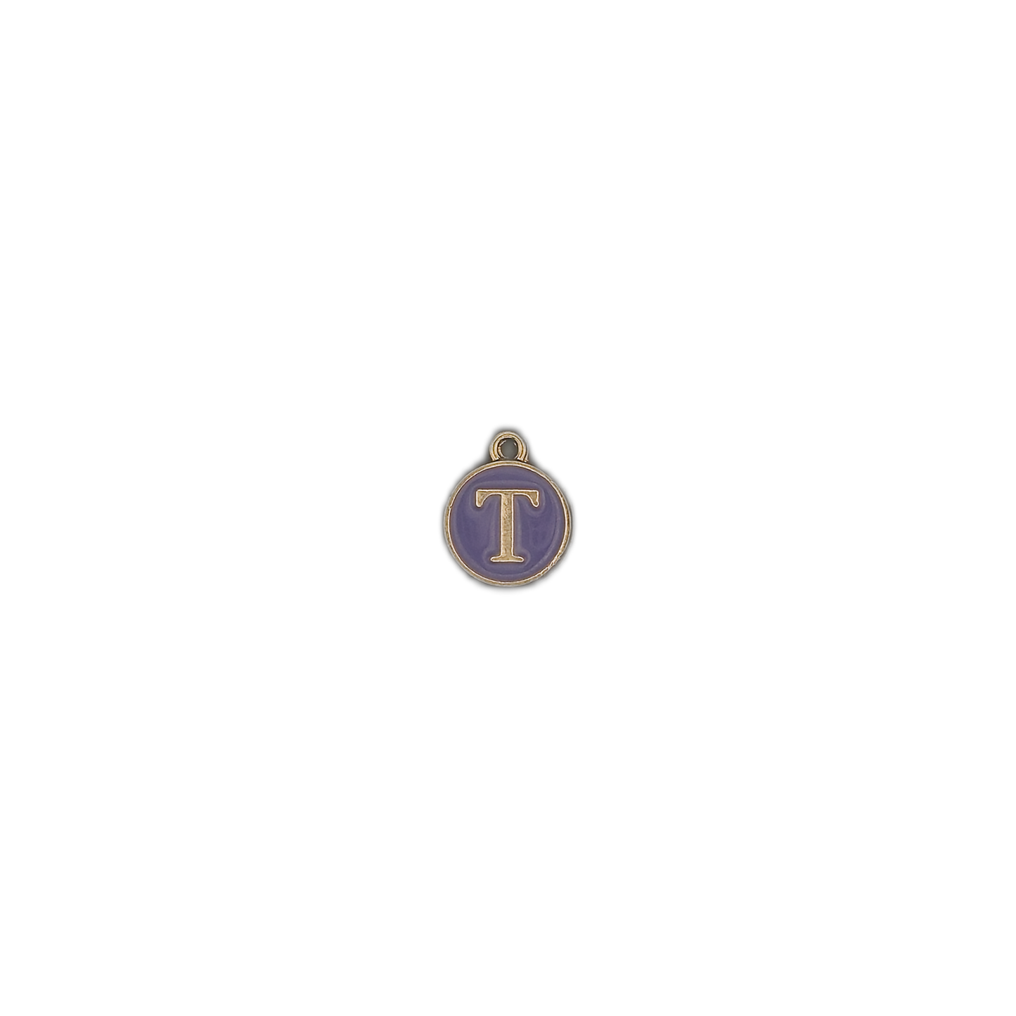 small round purple charm with gold letter T on black background