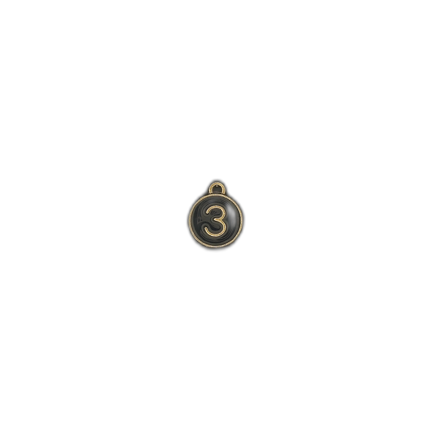 small round black number 3 charm on black background