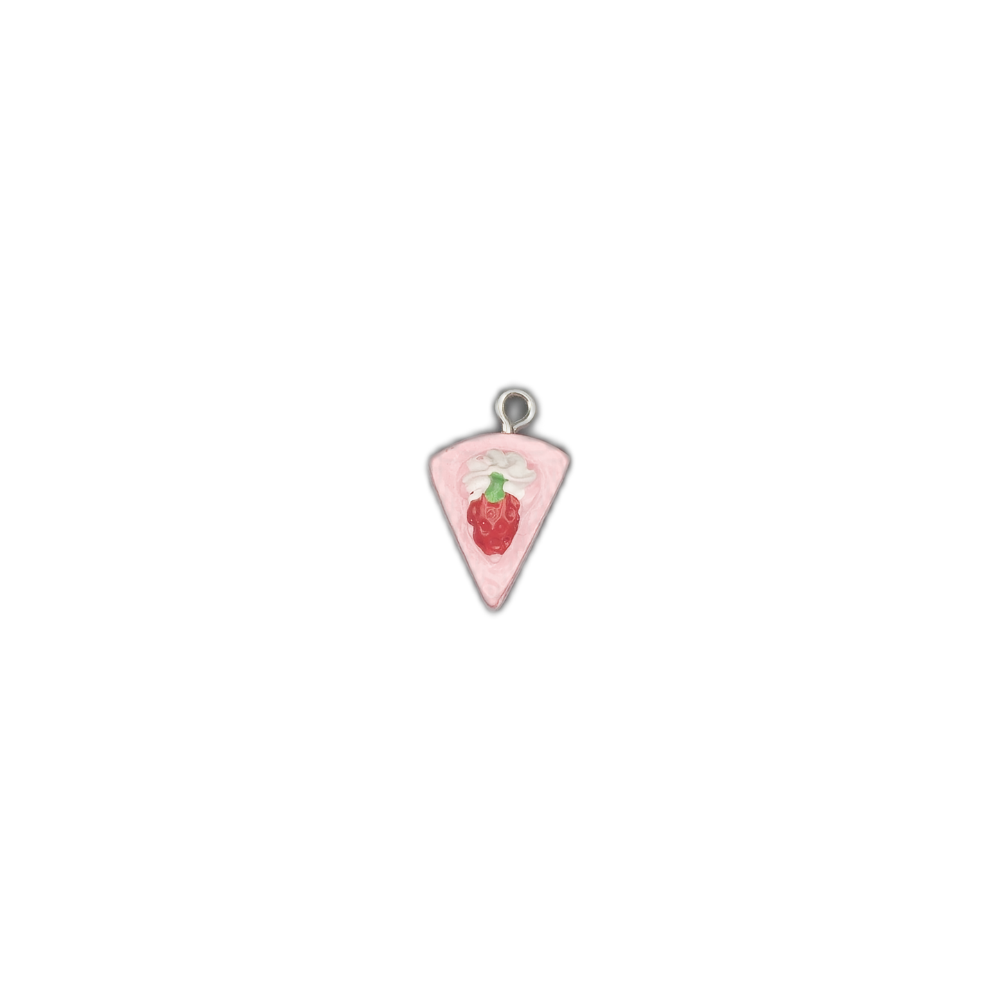 small pink strawberry cake slice charm centered on a black background