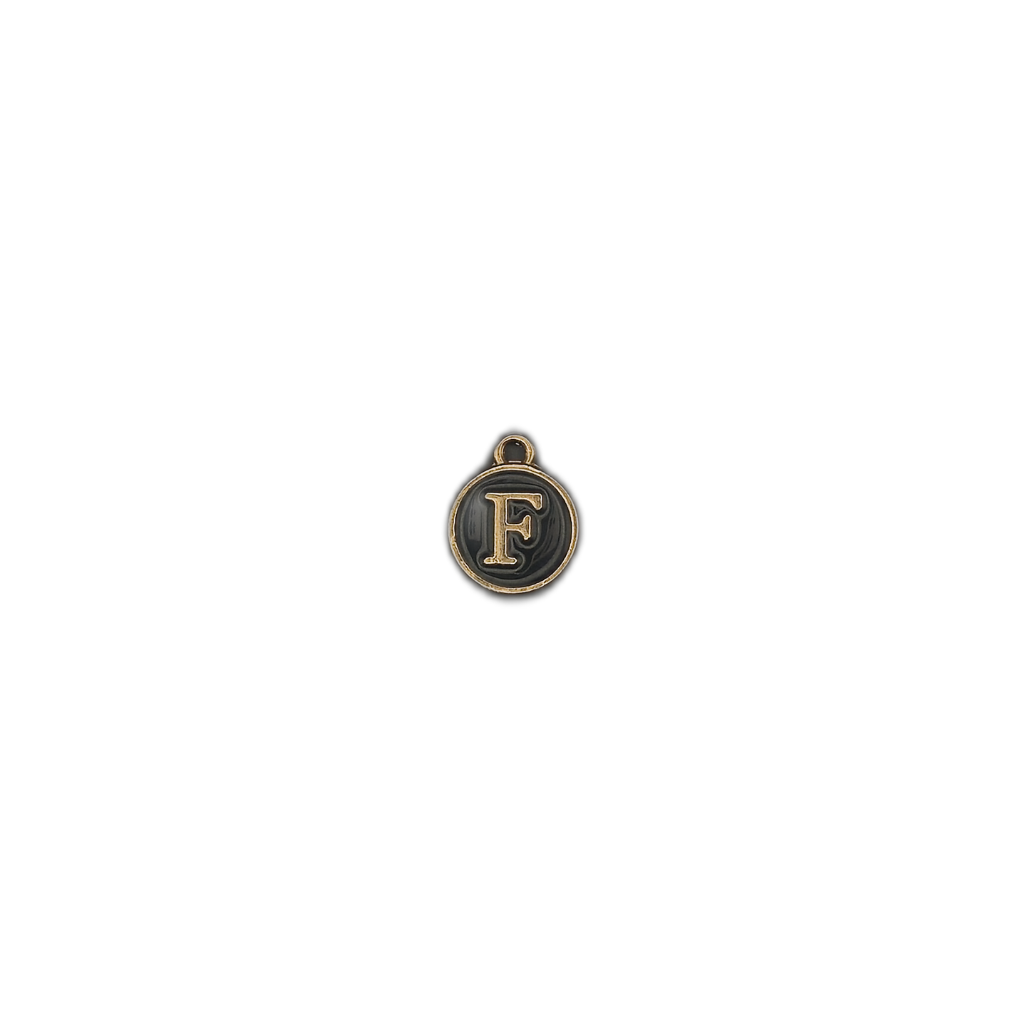 small round letter F charm centered on black background