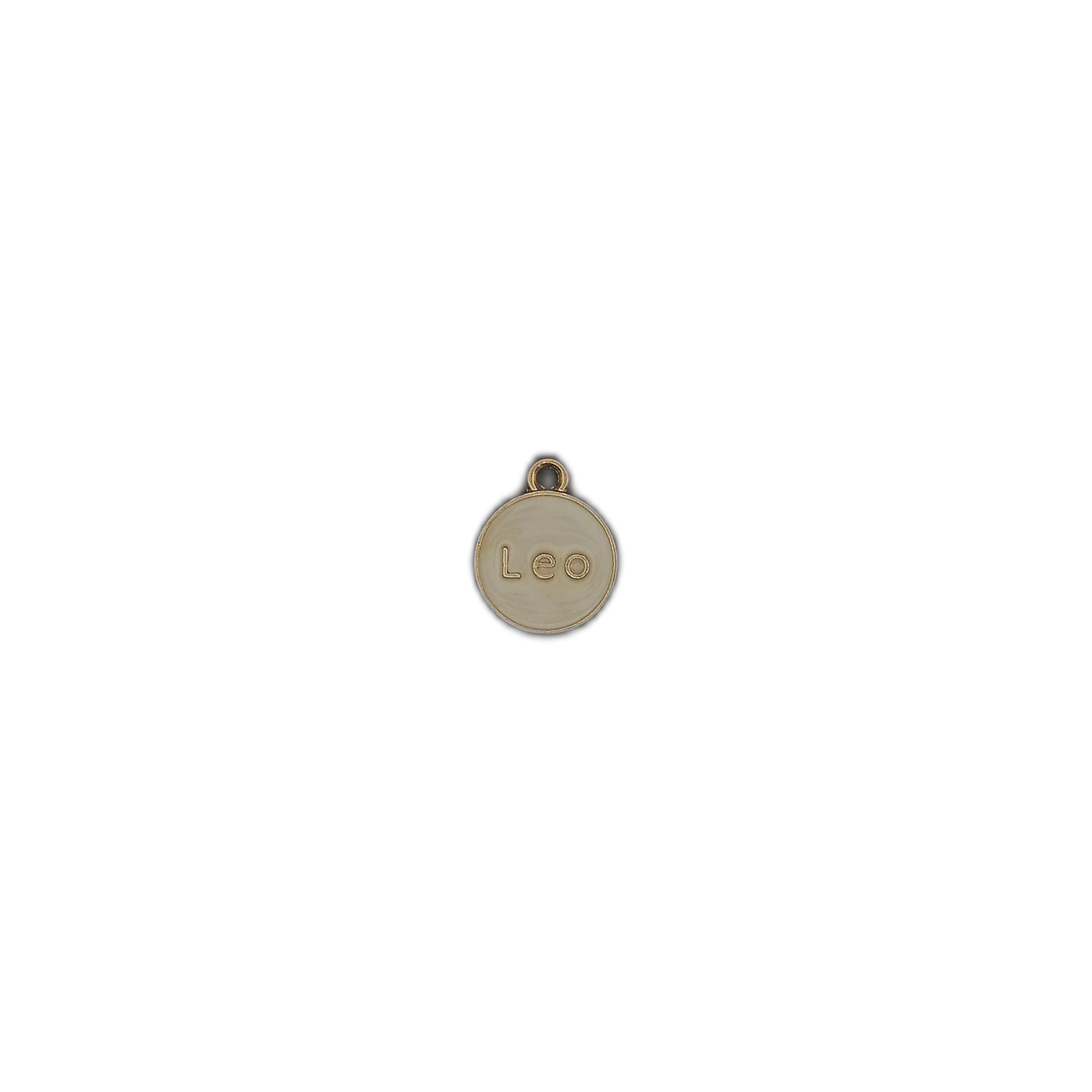 Small round gold and cream 'Leo' disc charm centered on black background.