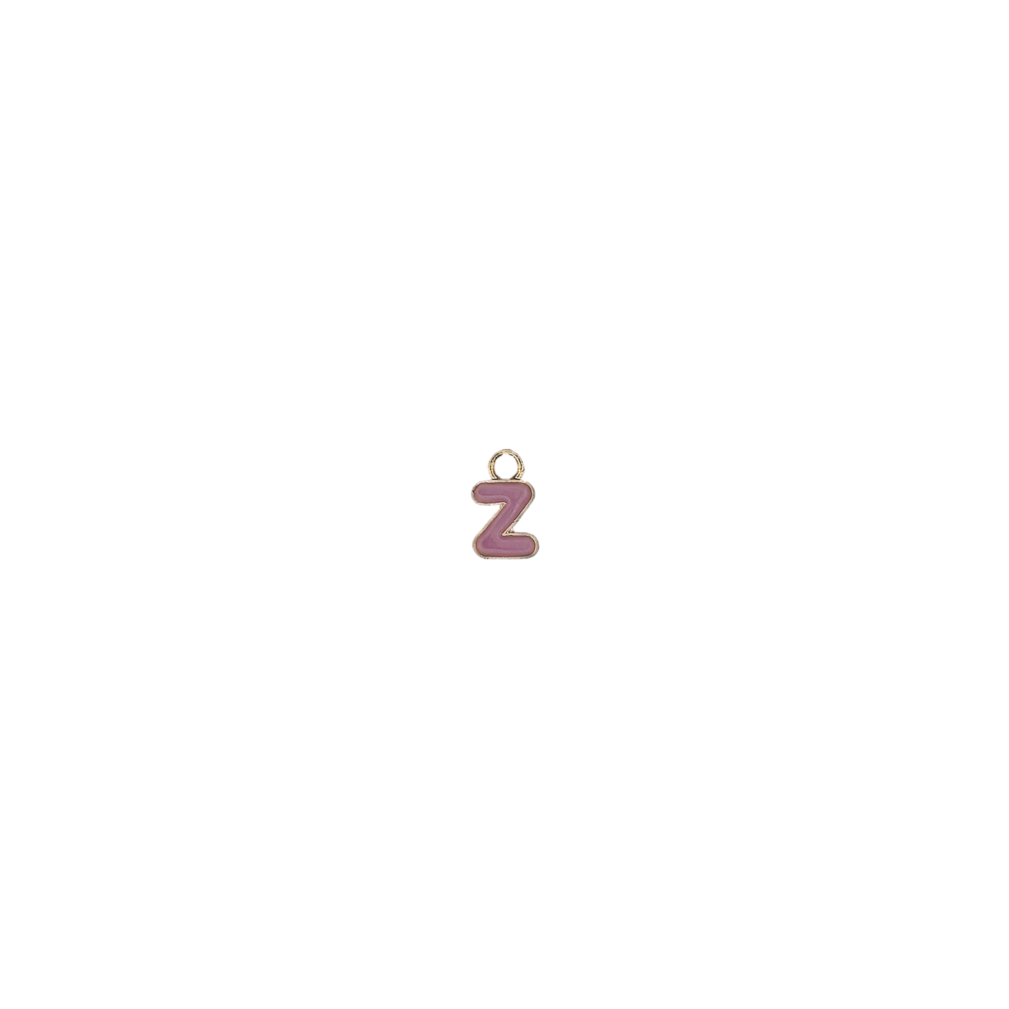 small pink letter Z charm with gold outline centered on a black background