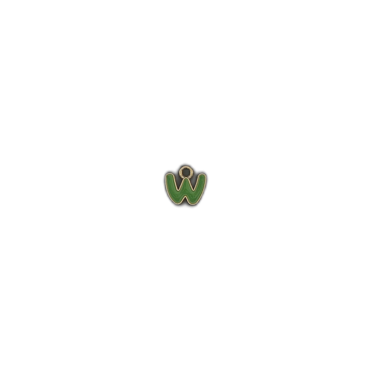 small green letter W charm centered on a black background