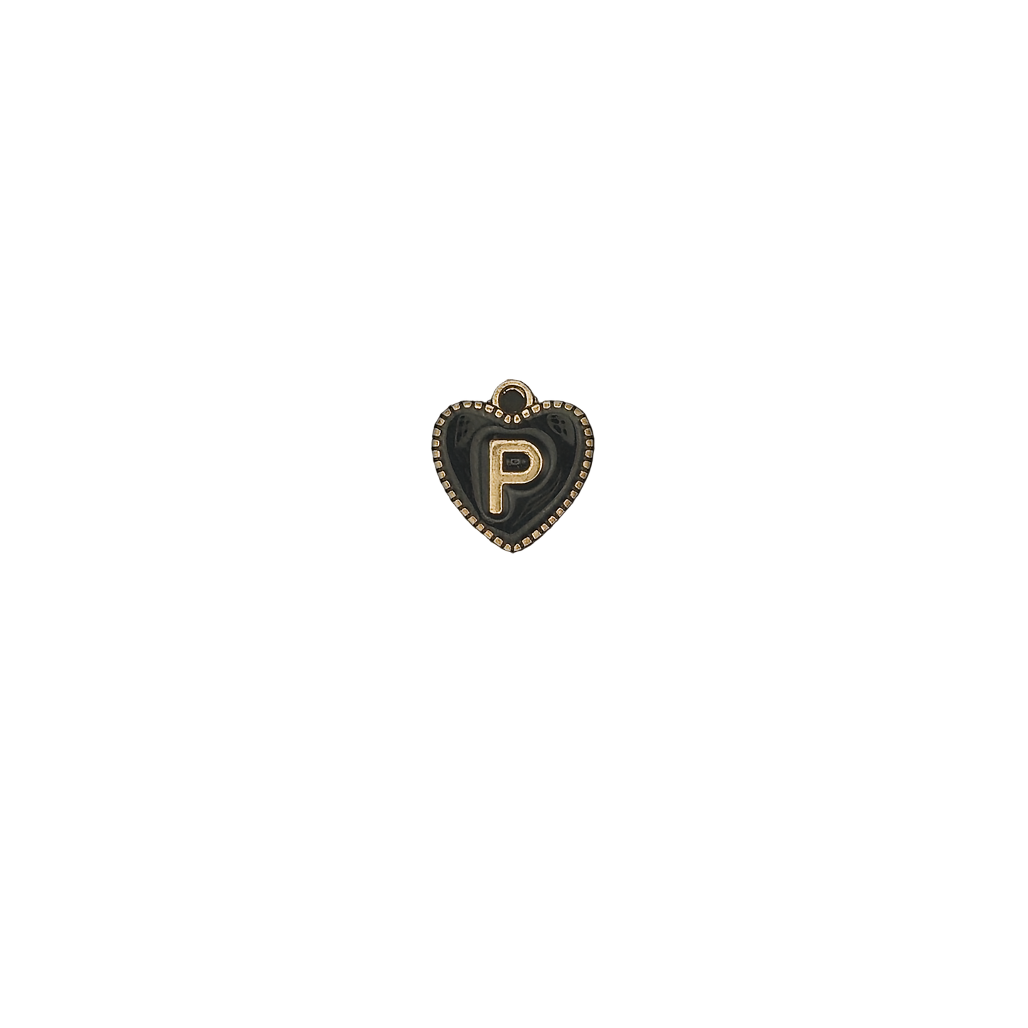 Small black and gold heart initial P charm on a black background.