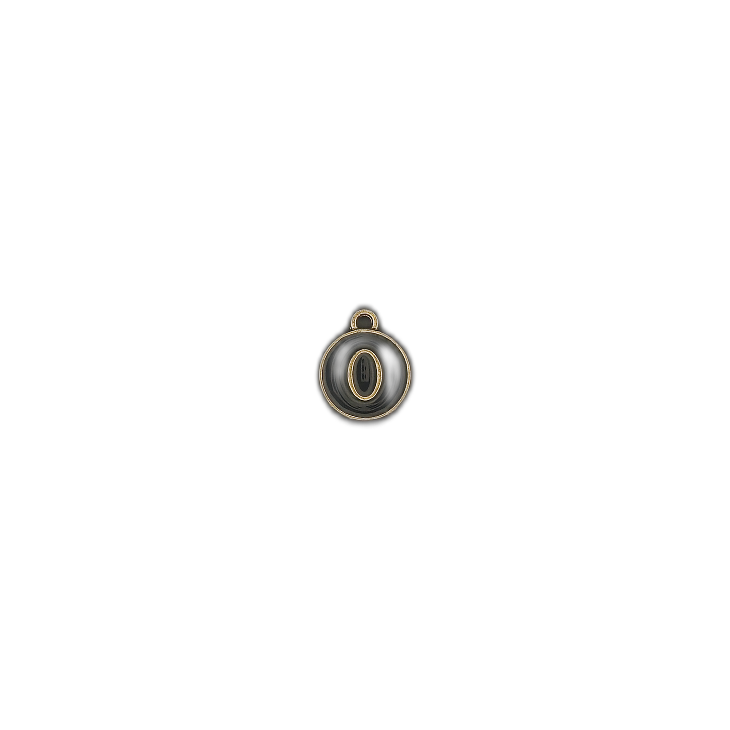 small round letter O charm centered on a black background
