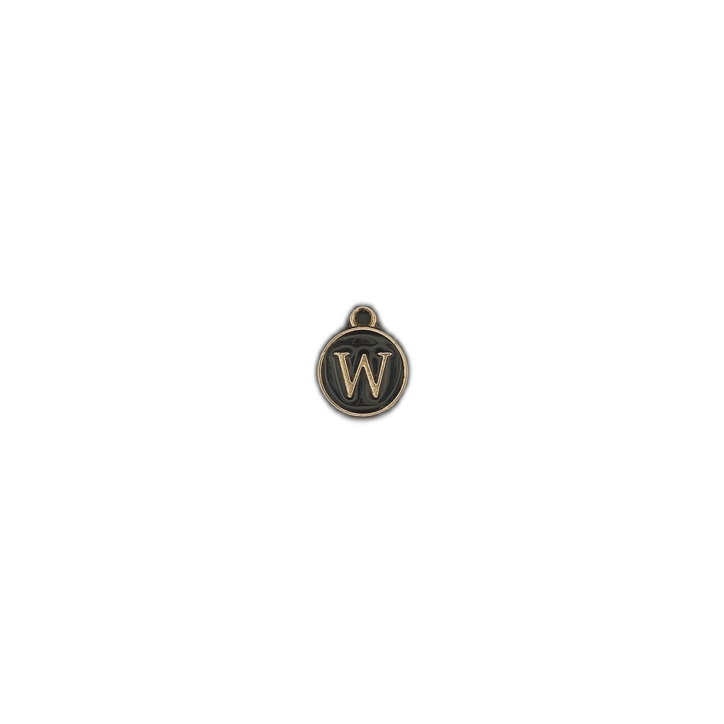 small black and gold letter W charm centered on black background