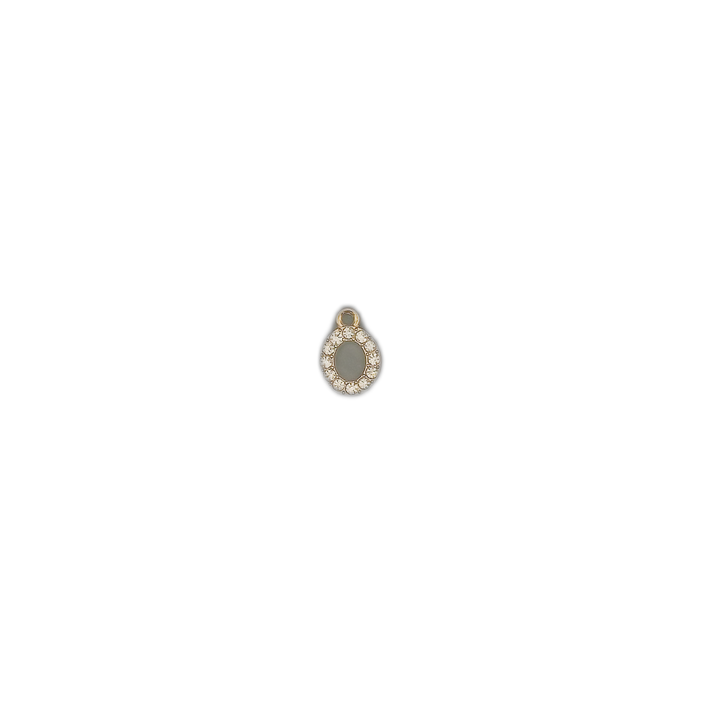 small gold-tone letter O charm with clear stones centered on a black background