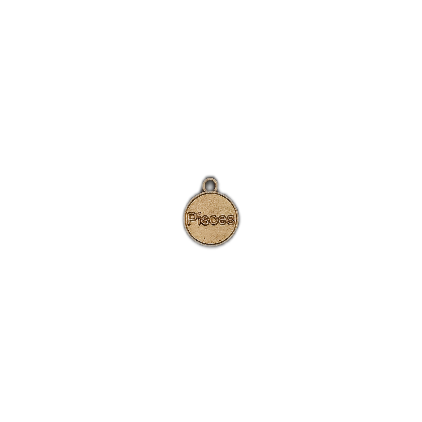 Small round gold-tone Pisces charm centered on a black background.