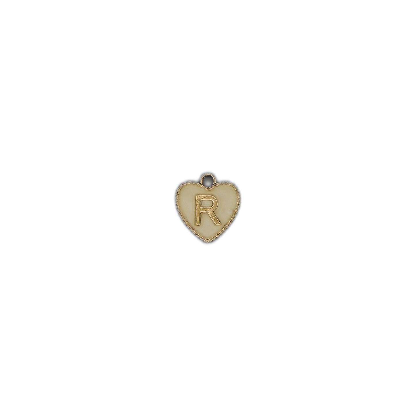 small cream heart initial R charm on black background