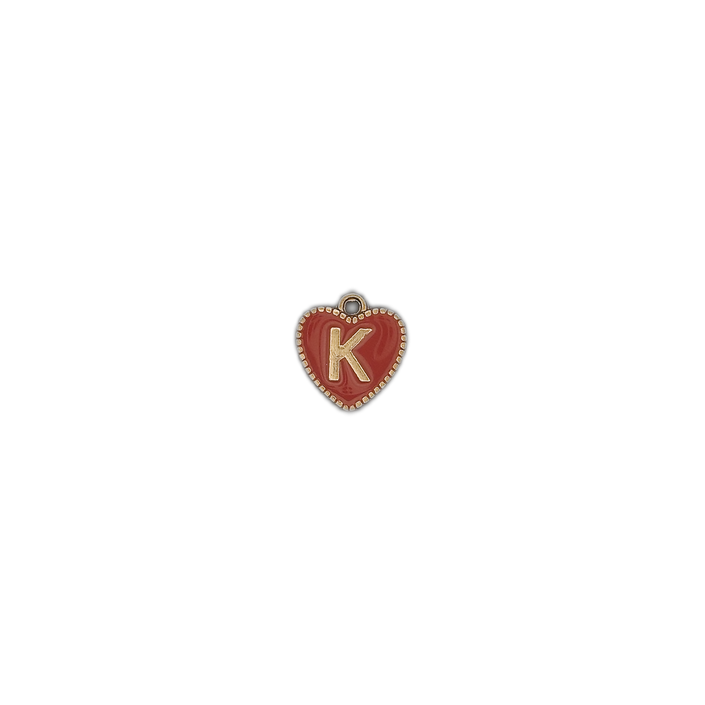 Small red heart initial K charm centered on a black background.