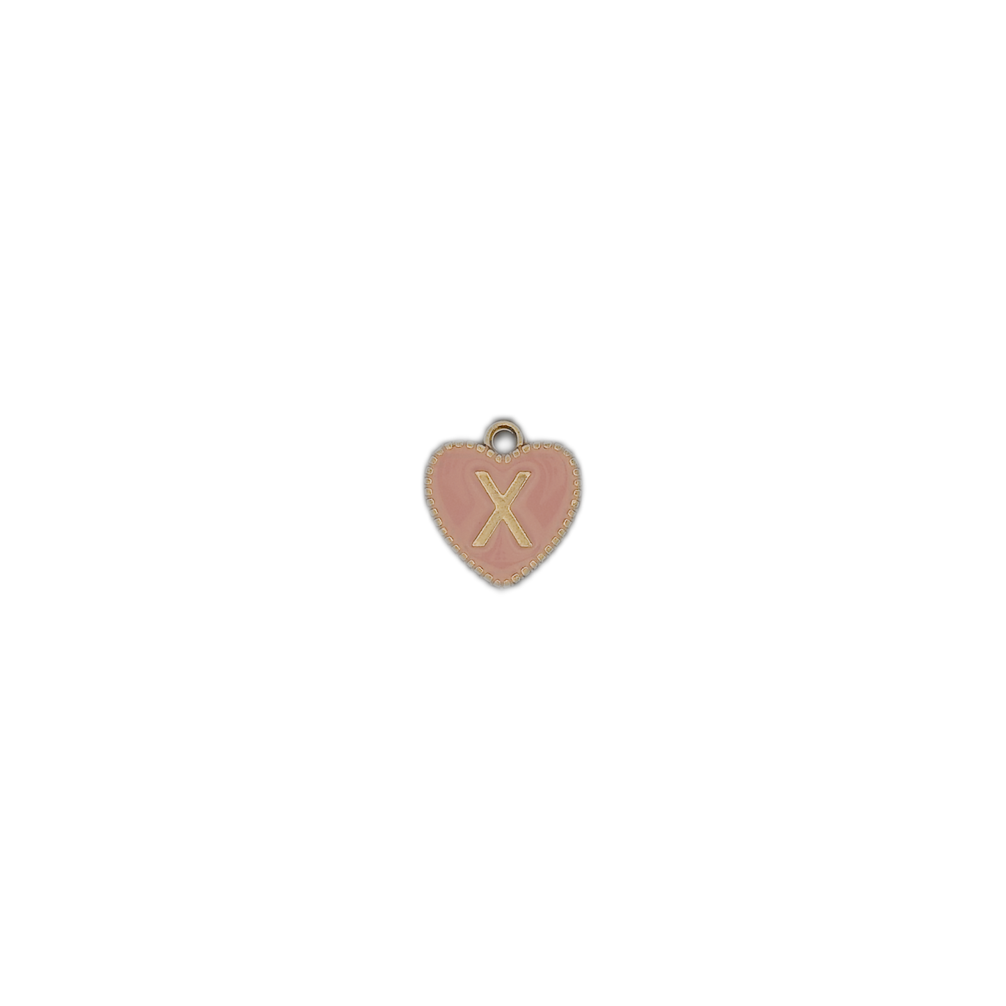 small pink heart letter X charm on a black background