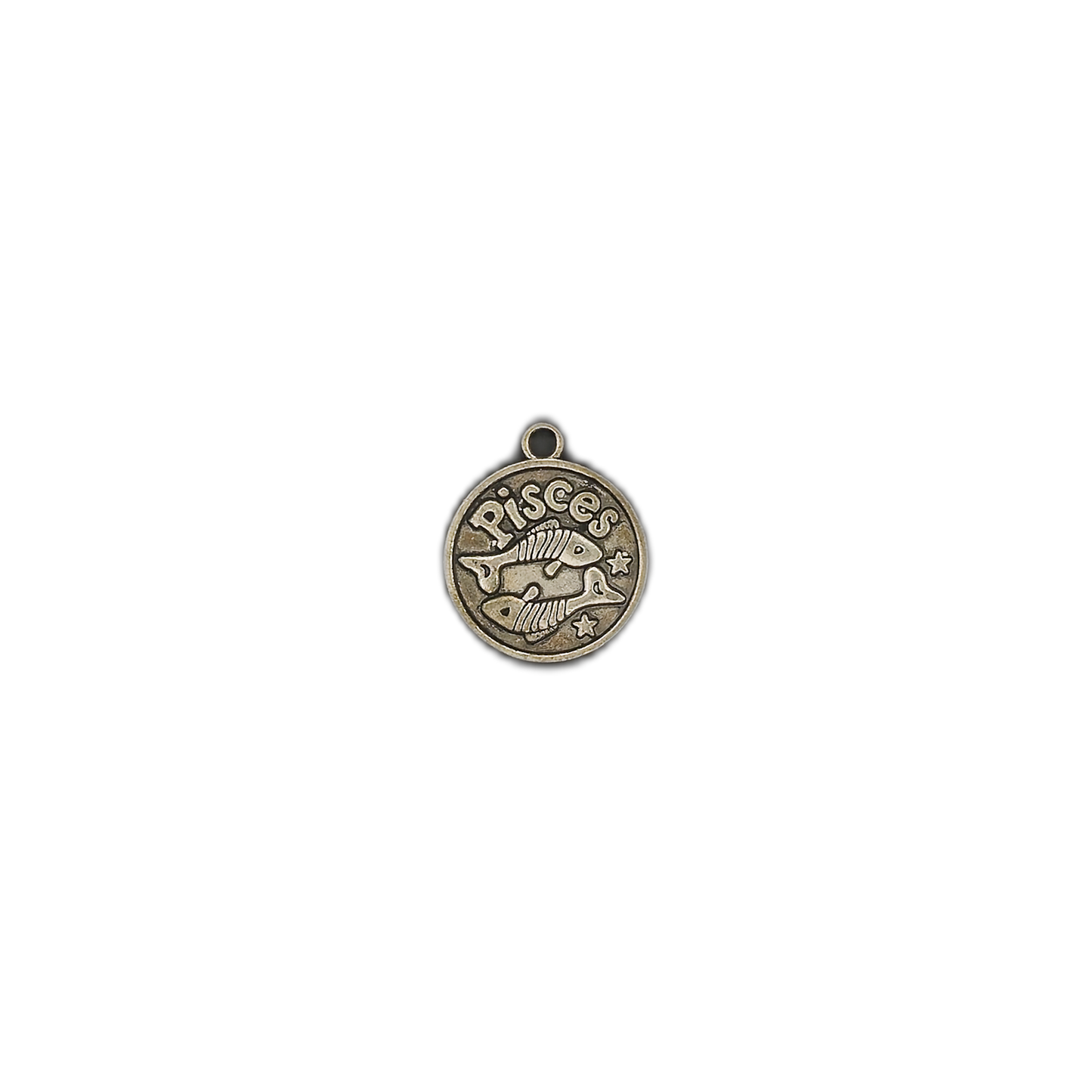 small round bronze pisces zodiac charm centered on black background