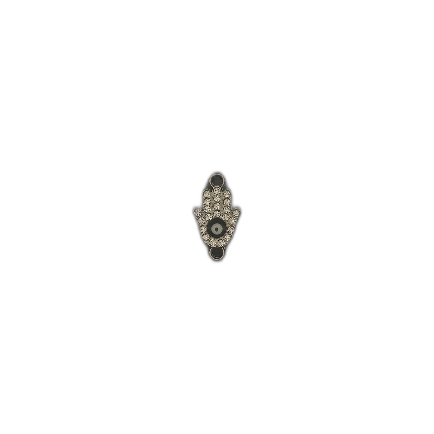 full view of small rhinestone hamsa hand charm centered on black background