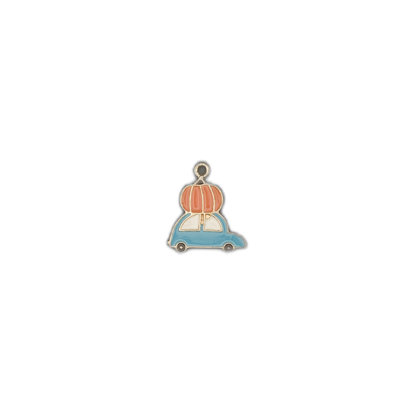 Full view of a small enamel charm shaped like a blue car carrying an orange pumpkin, centered on a black background.