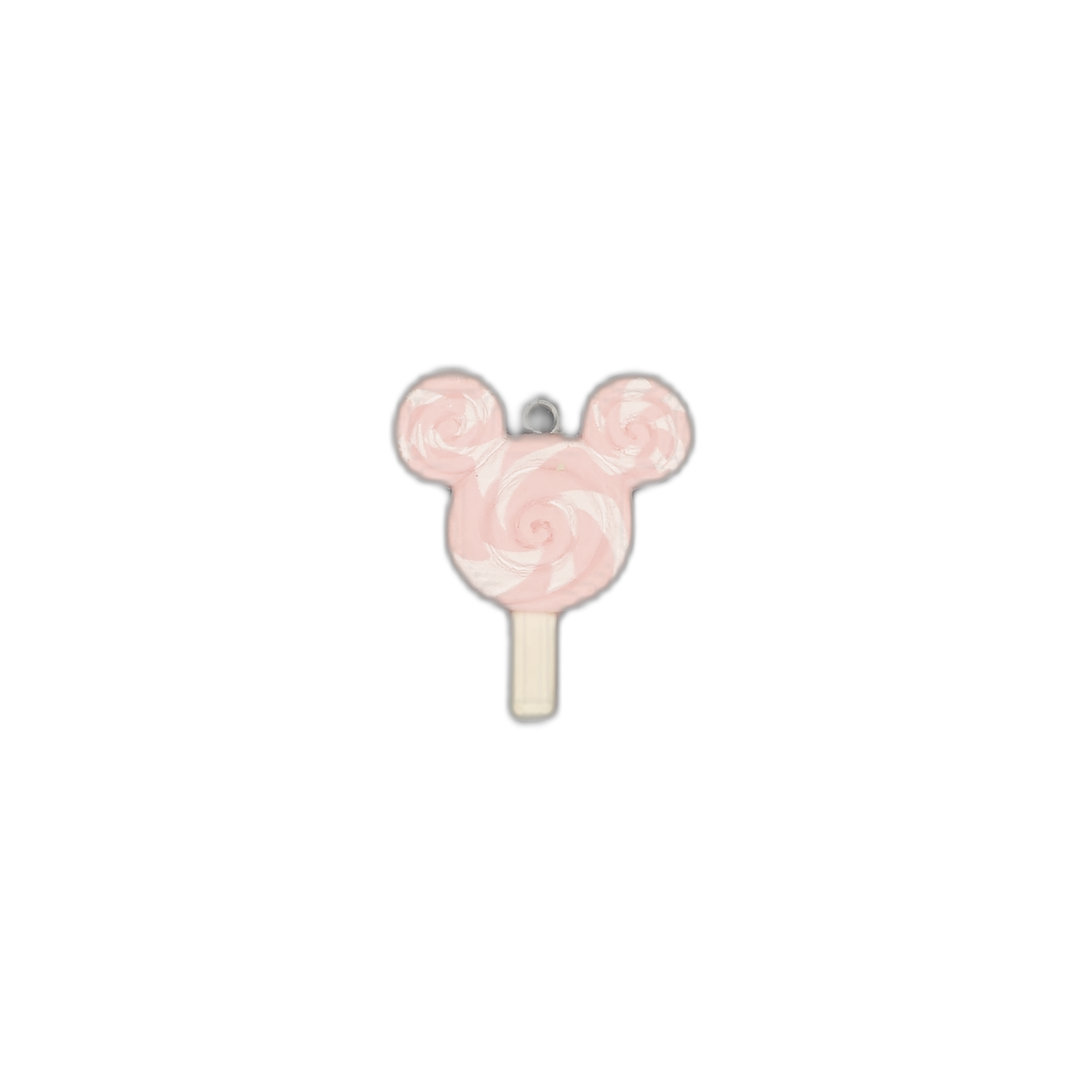full view of pink and white swirl lollipop mouse-head charm with stick