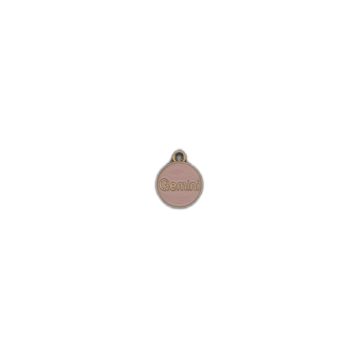 small round pink Gemini charm centered on a black background