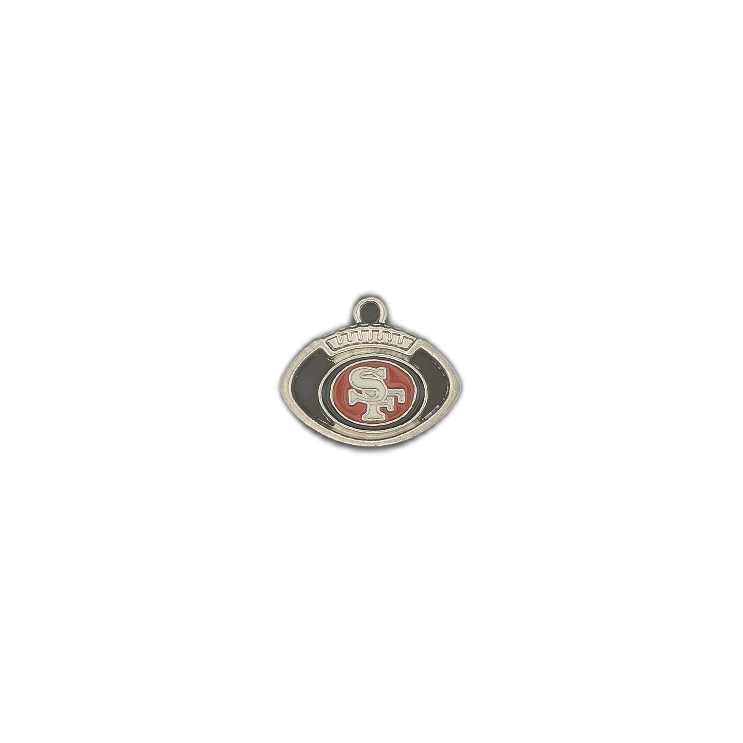 silver-tone football charm with red oval center and 'SF' letters on a black background