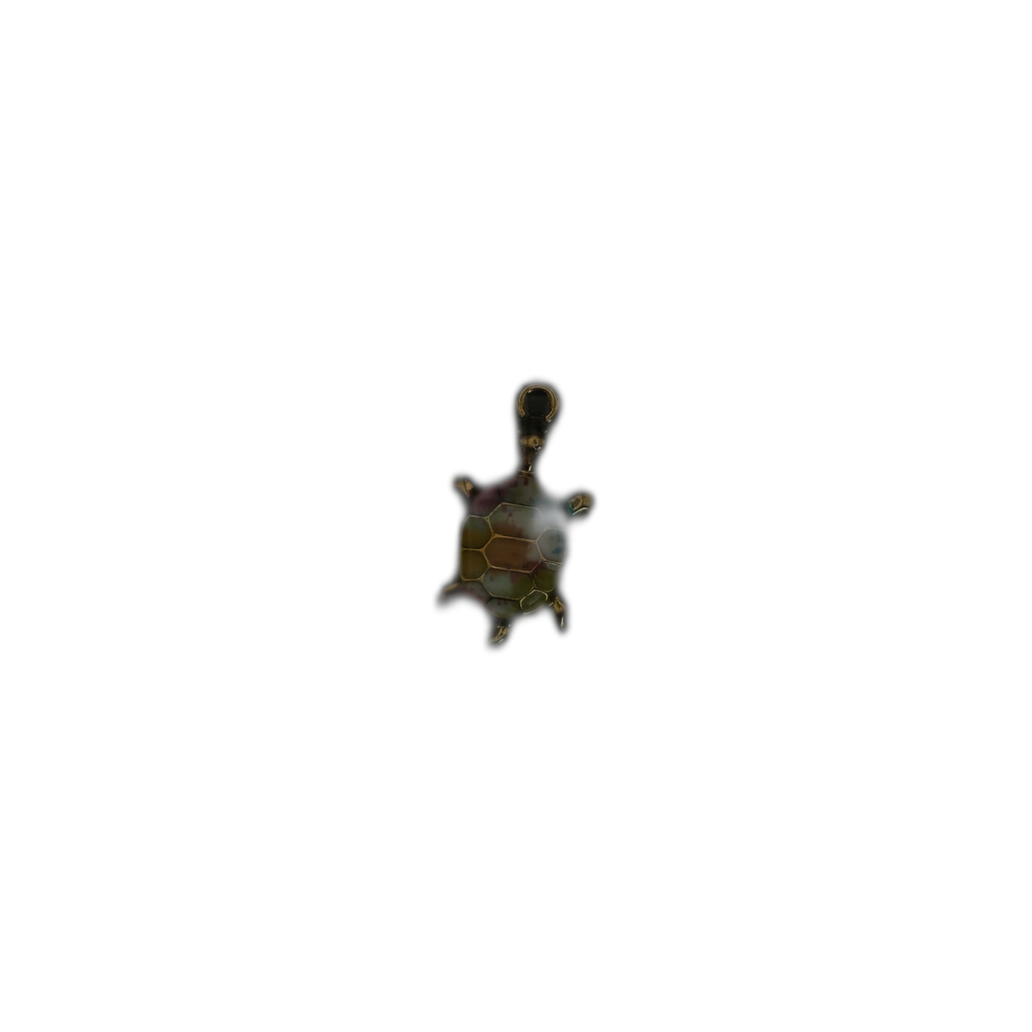 full view of a gold-tone turtle charm with multicolor shell centered on black background