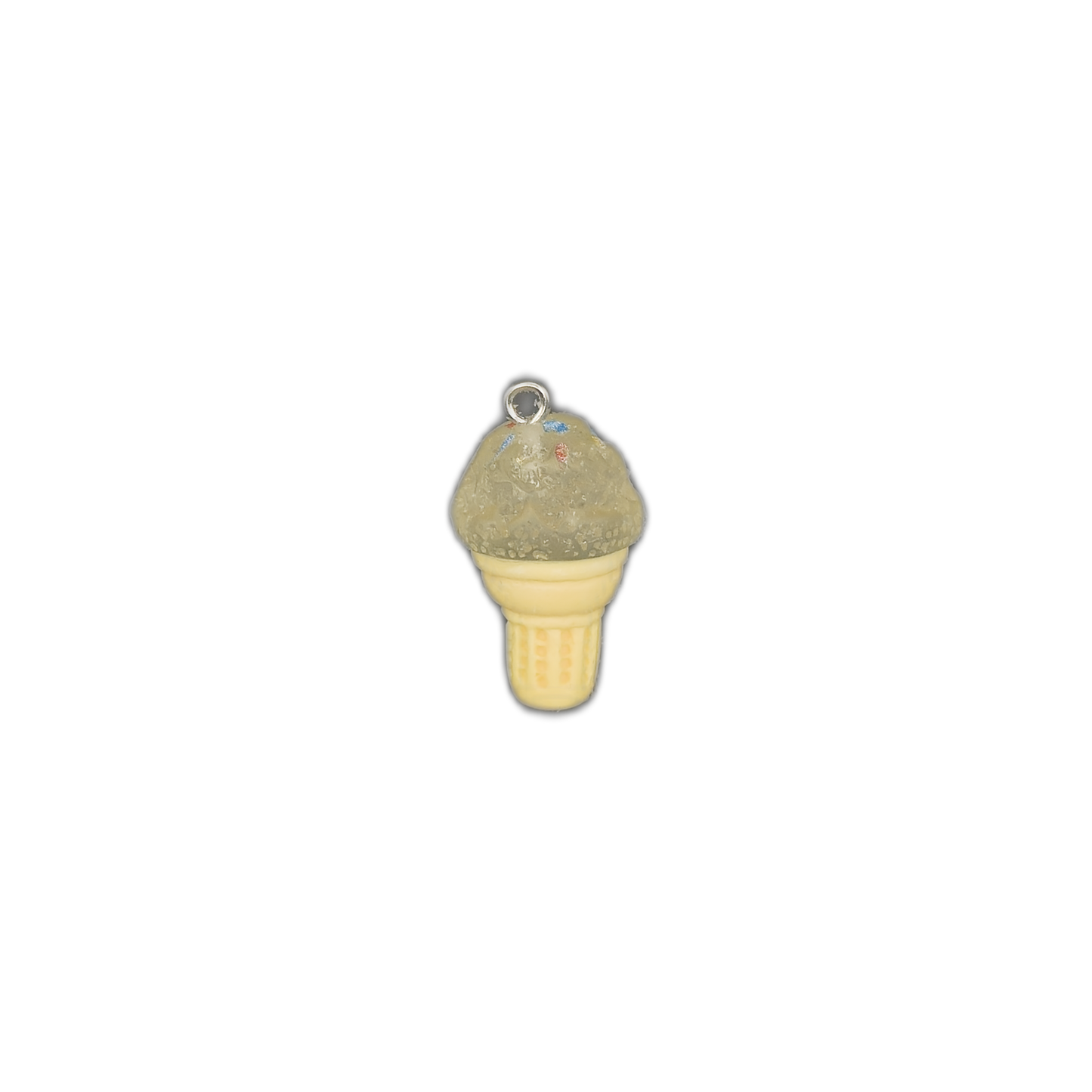 full view of an ice cream cone charm centered on a black background
