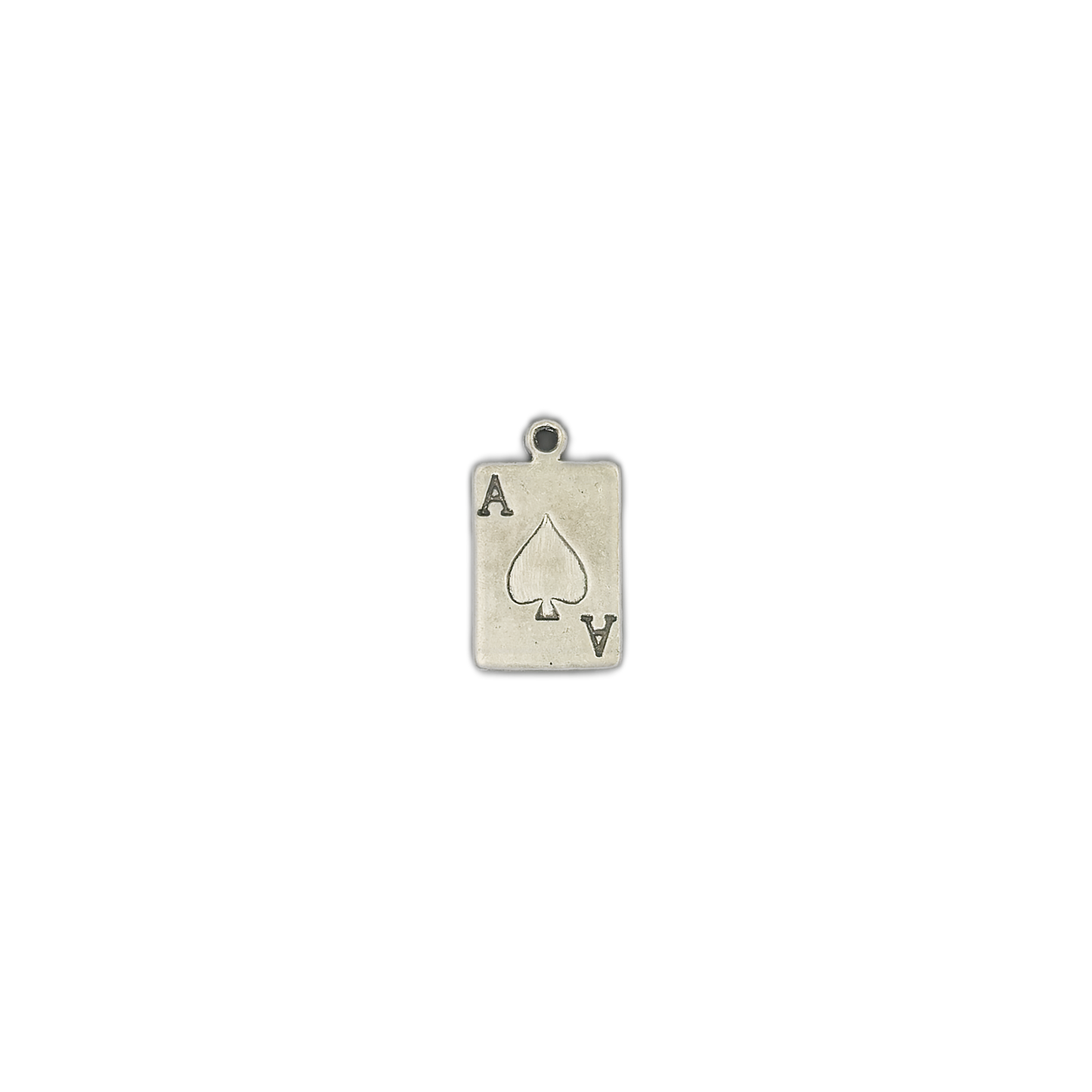 Small silver-tone ace of spades card charm centered on a black background.