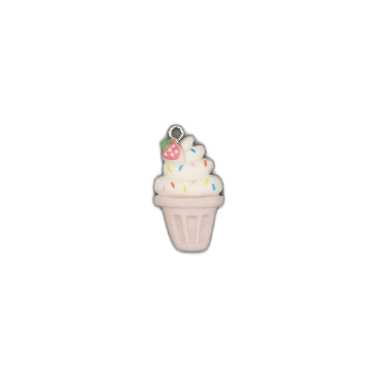Small ice cream cup charm with sprinkles and strawberry, centered on a black background.