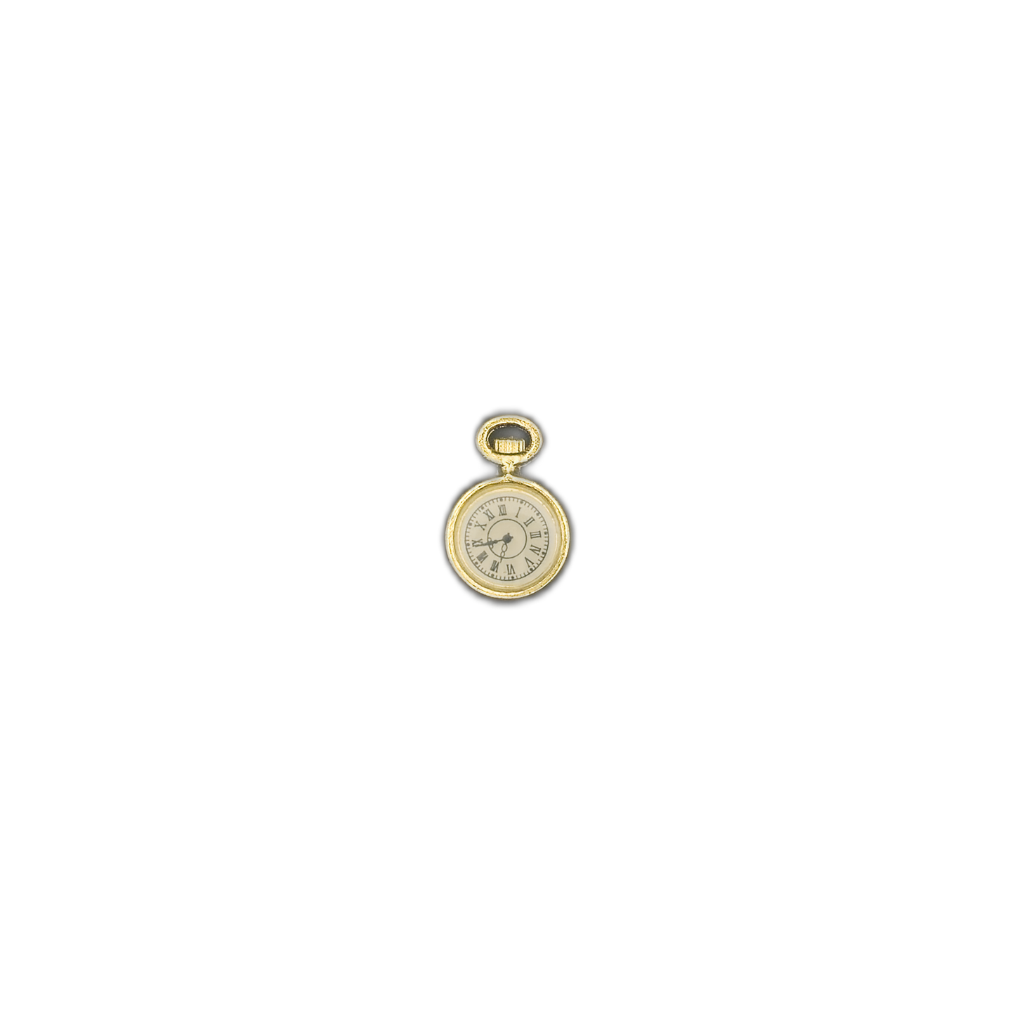 small gold pocket watch charm with white dial and roman numerals centered on a black background