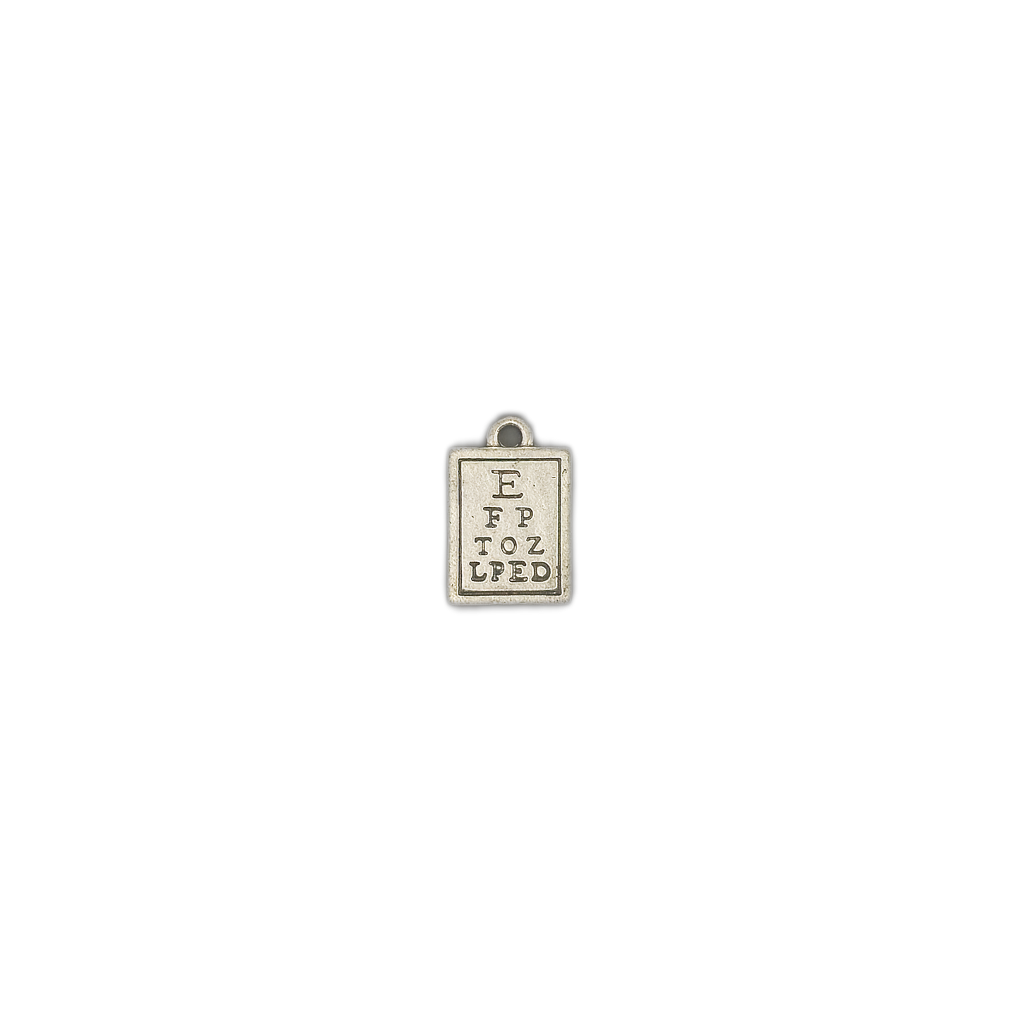 small rectangular silver-tone eye chart charm centered on black background