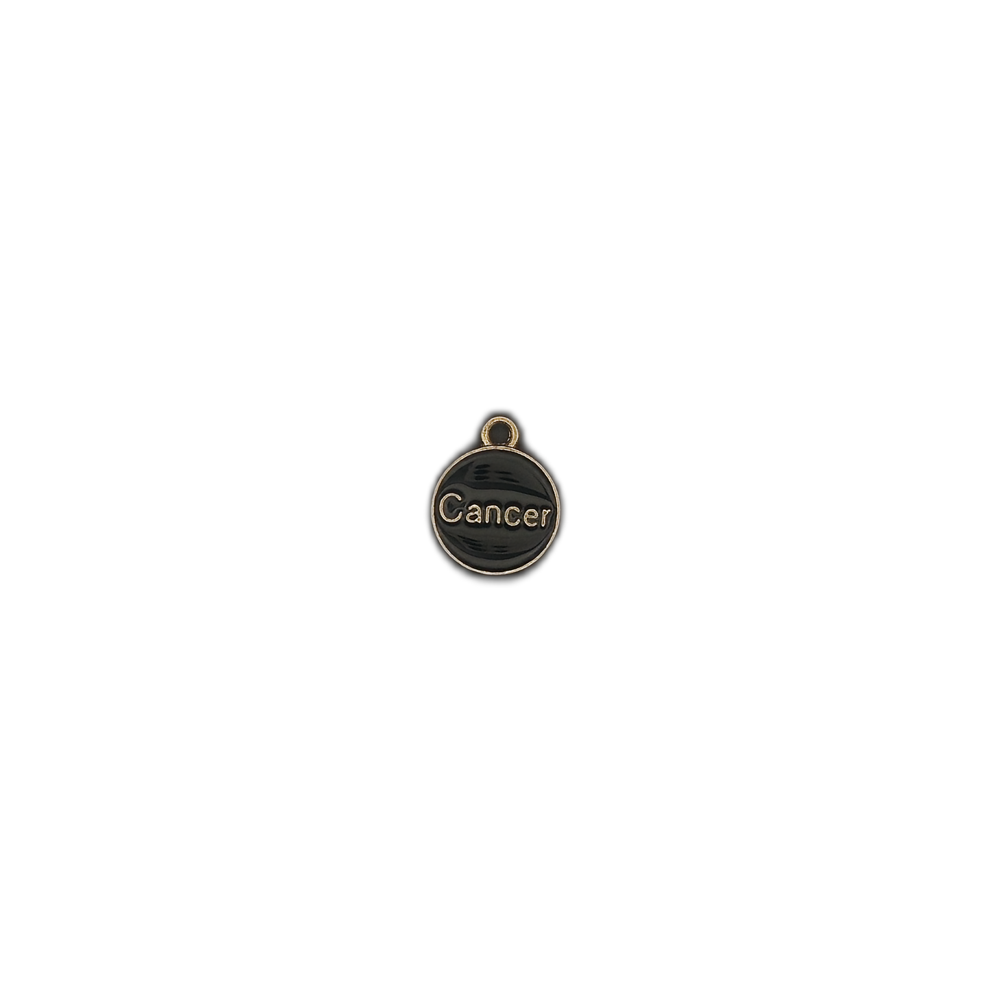 small round black enamel Cancer charm centered on a black background