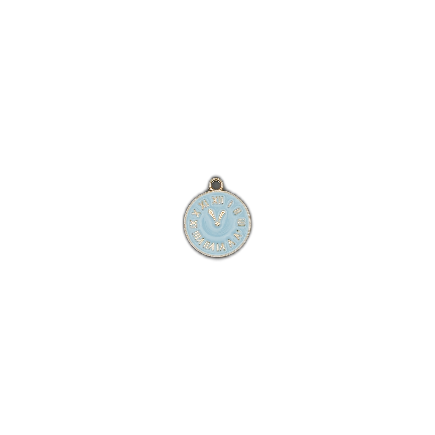 small round blue clock-face charm centered on a black background