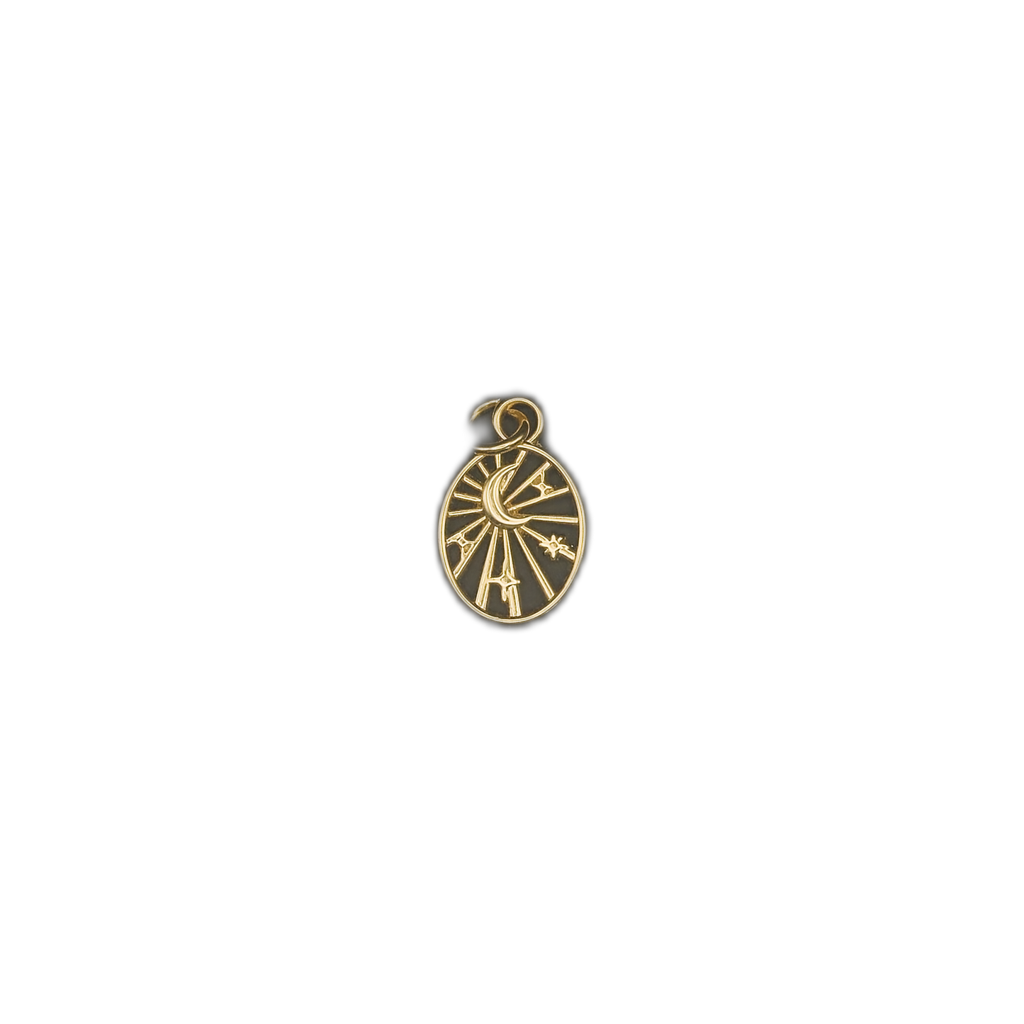 small gold oval moon-and-stars charm centered on black background
