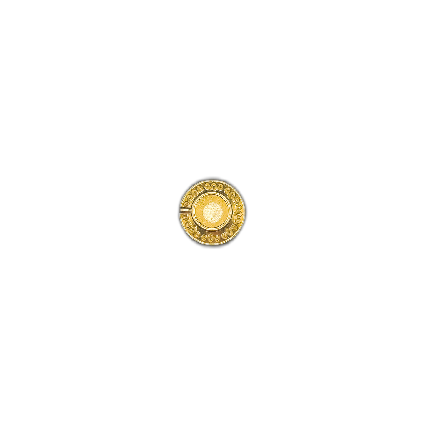 small round gold-tone engraved coin charm centered on black background