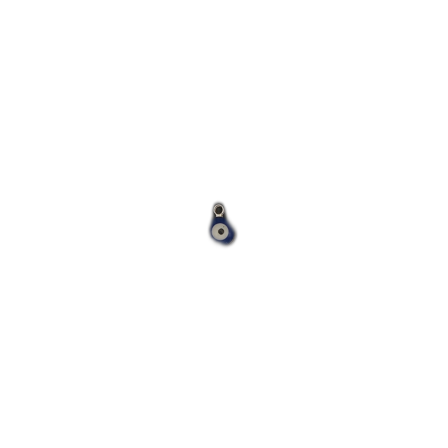 small blue evil eye charm against black background