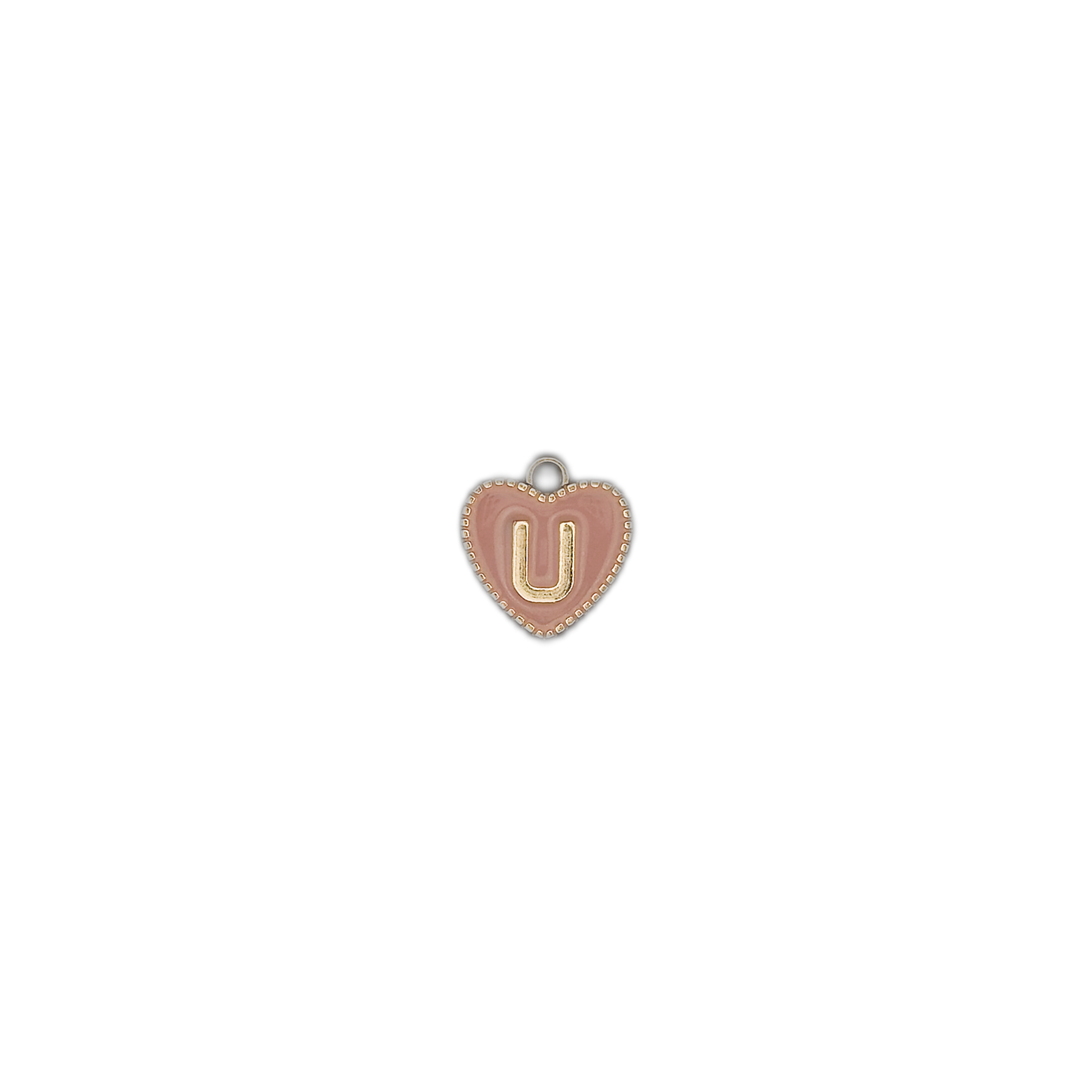 small pink heart-shaped charm with gold letter U on a black background